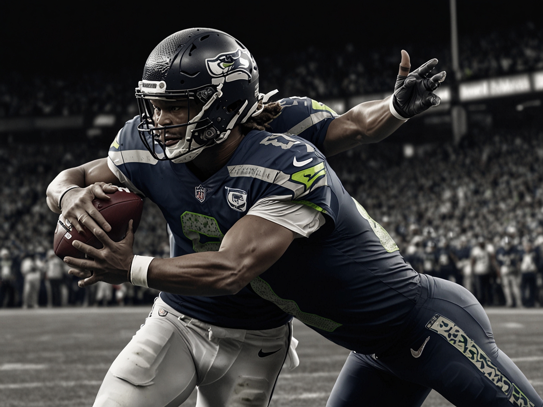 Geno Smith leading the Seahawks offense with focus during the game, reflecting his impressive performance and the team's confidence as they fight for a playoff spot.