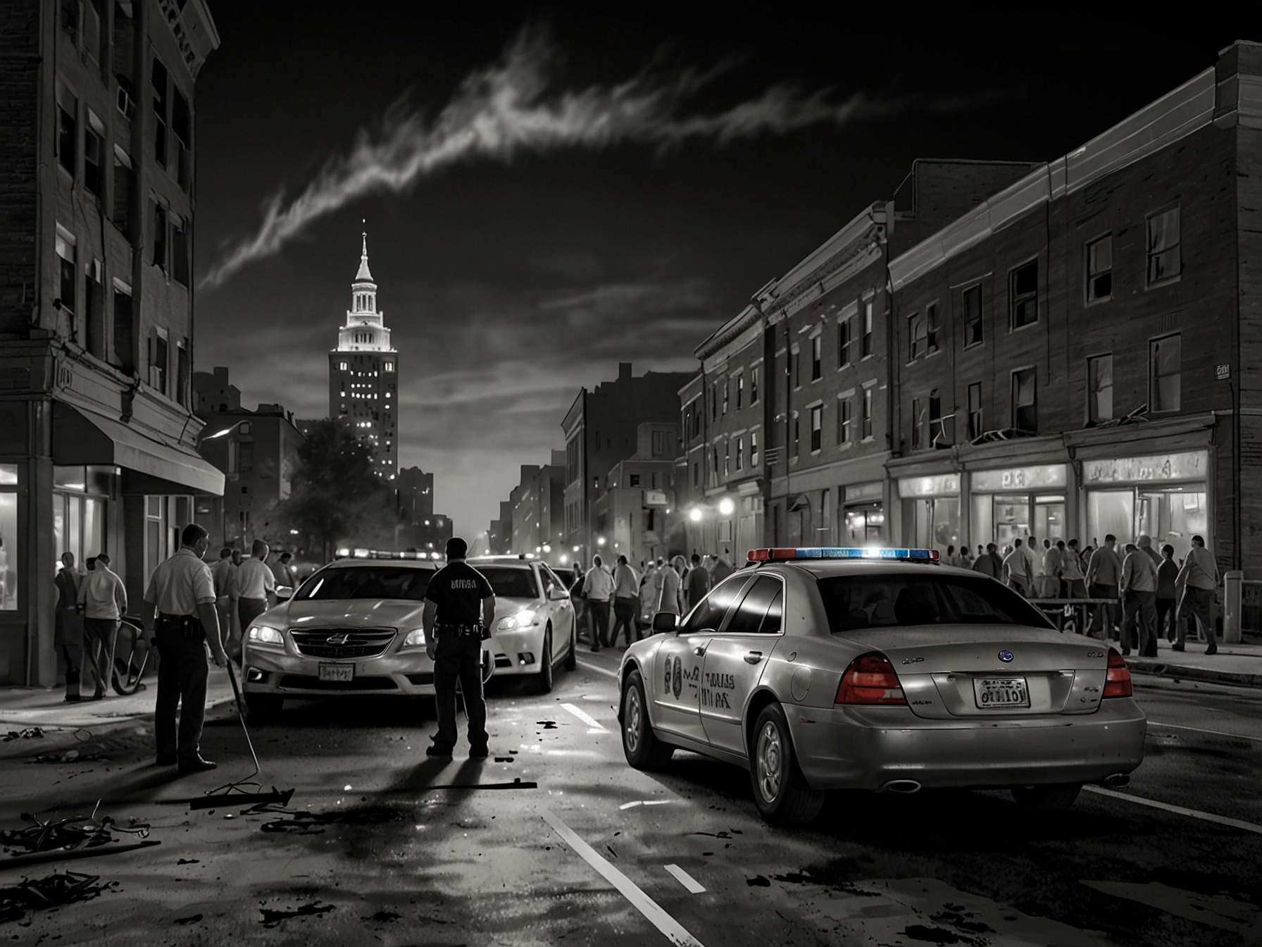 A night scene showing emergency responders at the site of a crash in downtown Indianapolis, with damaged vehicles and concerned onlookers.