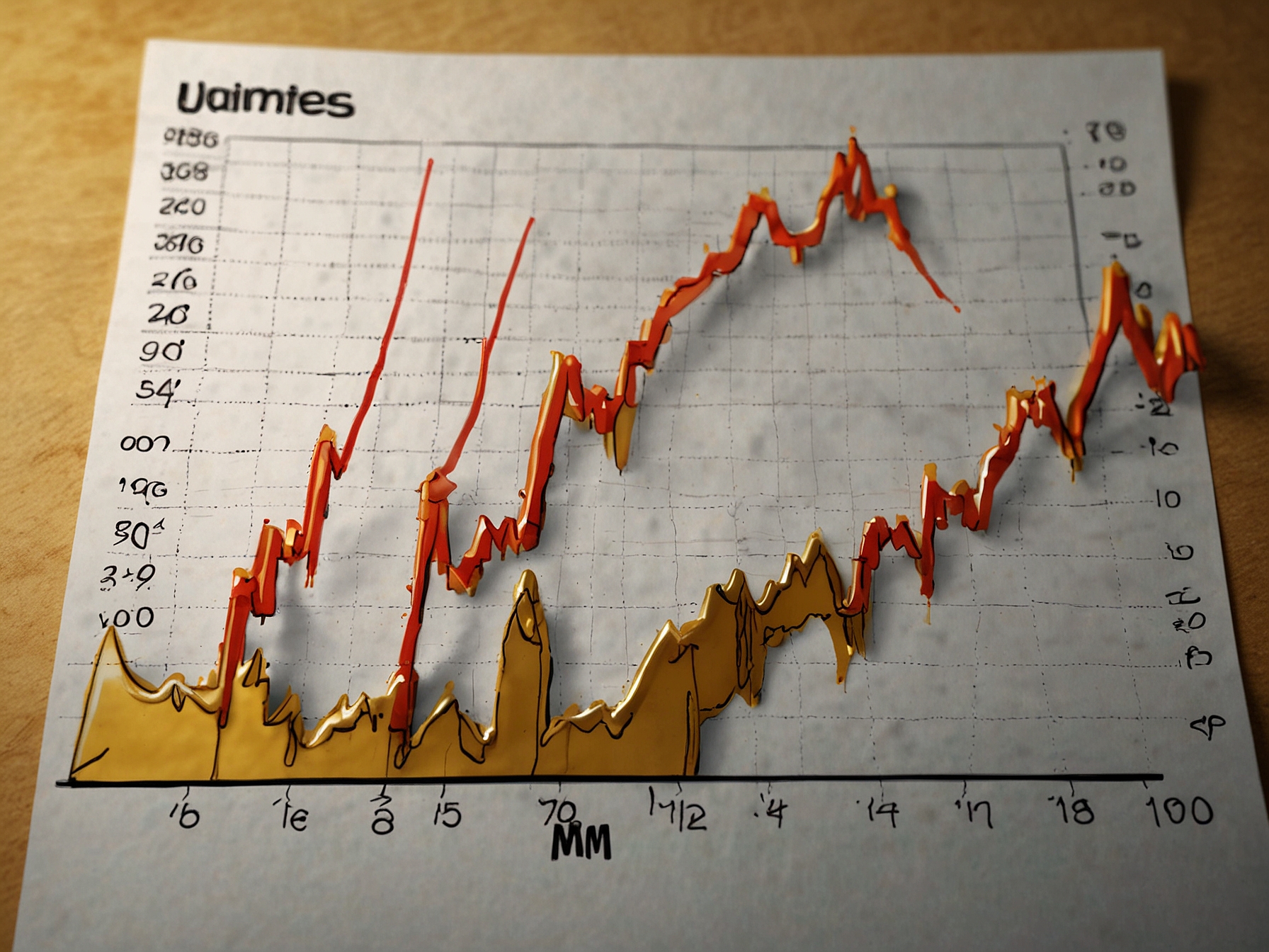 An upward and downward graph illustrating fluctuations in gold prices over recent weeks, depicting key price points and trends for better understanding.