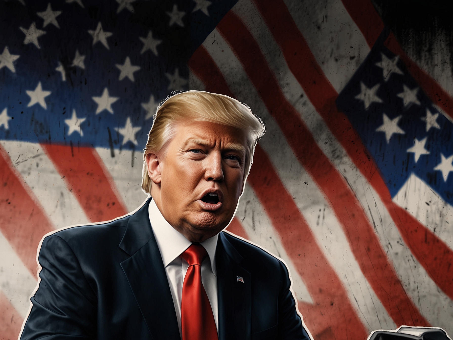 An image of Donald Trump passionately speaking during a televised interview, highlighting his policies on tariffs and immigration reform, with an American flag in the background.