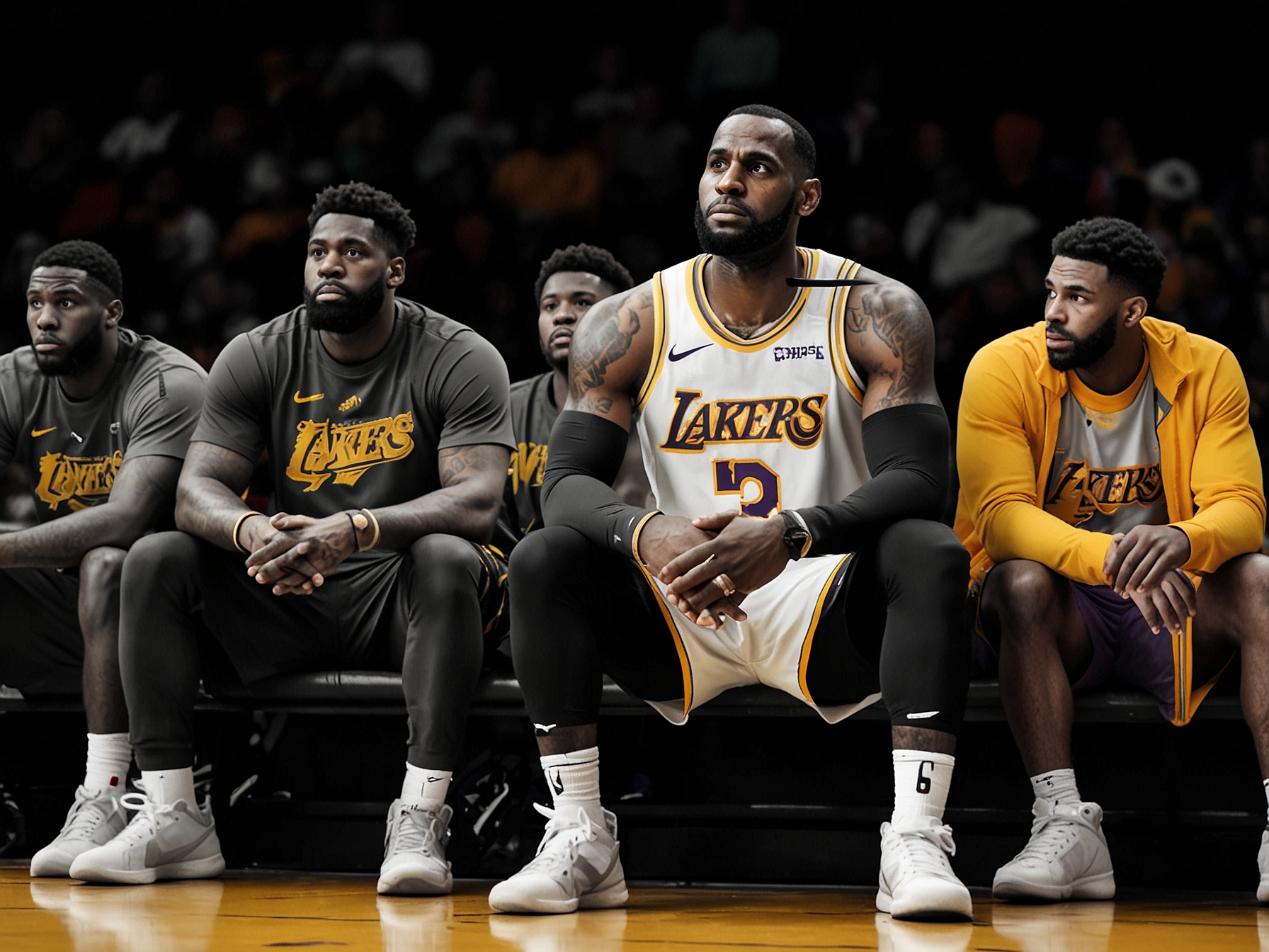 LeBron James sitting on the bench, wearing a Lakers jersey, with a focused expression as his teammates warm up on the court behind him.
