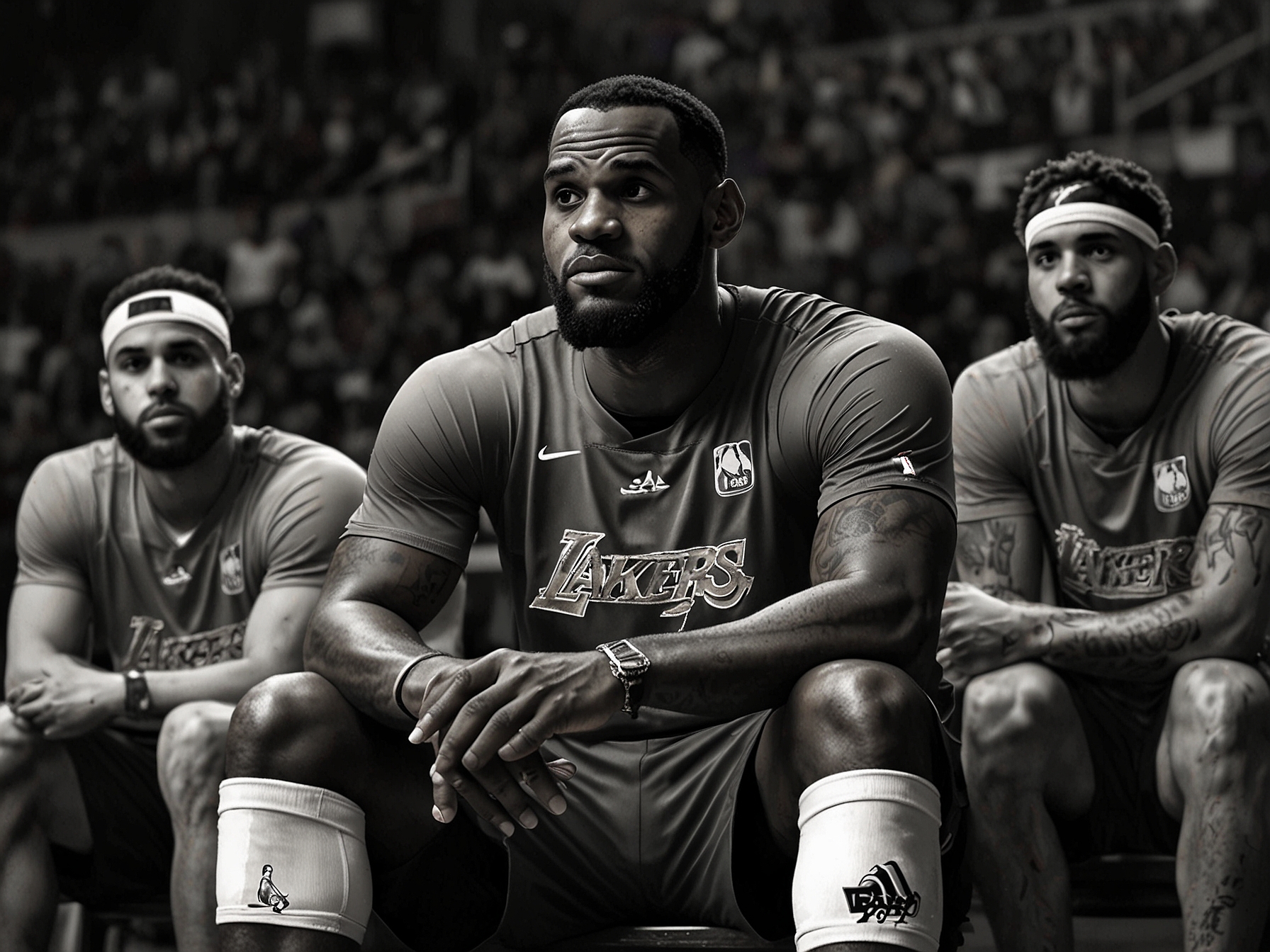 Coach JJ Redick discussing strategies with the Lakers players during a timeout, emphasizing teamwork and adaptability in LeBron's absence.