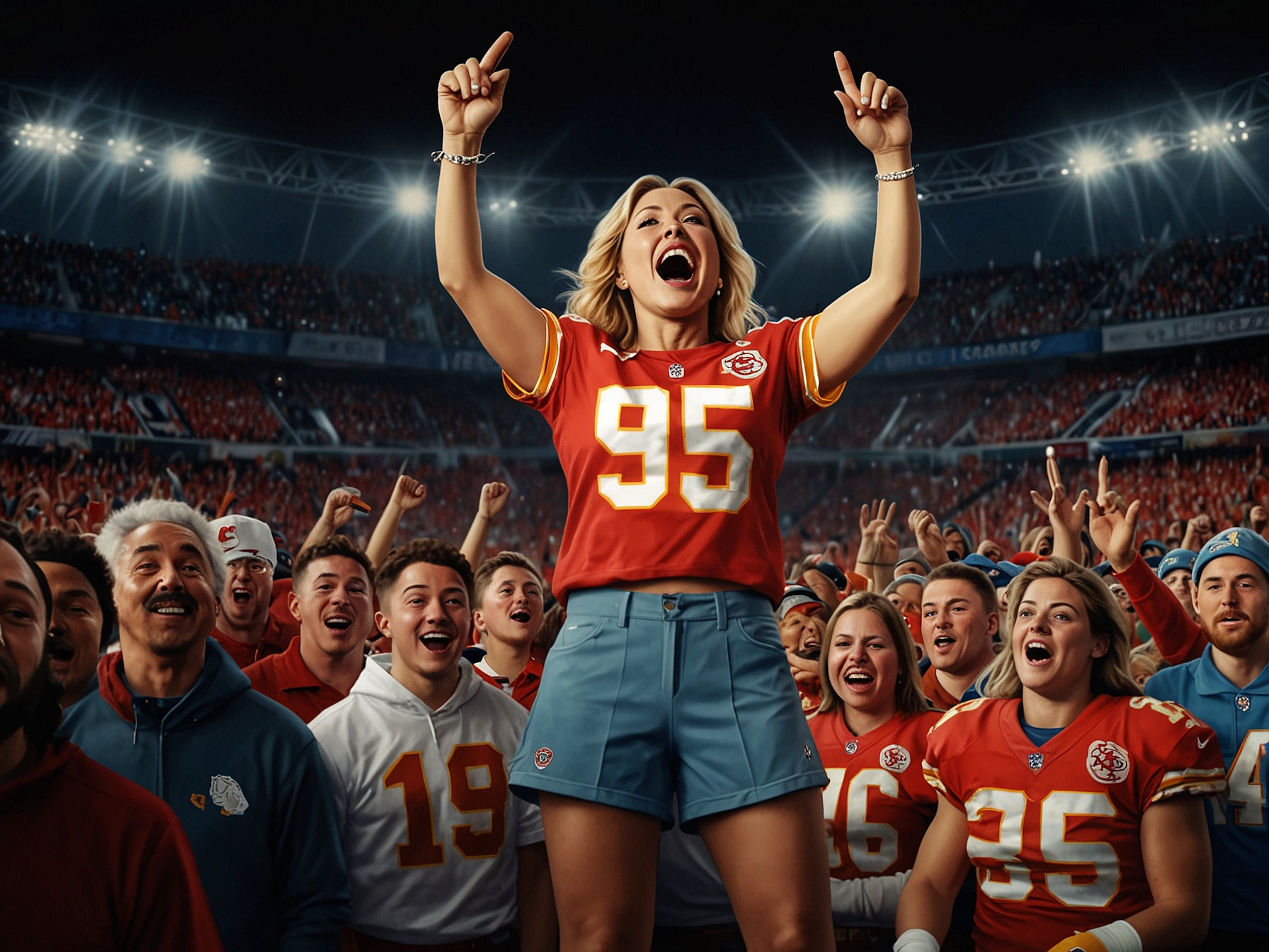 Heidi Gardner on stage, humorously engaging with a vibrant audience of Kansas City Chiefs fans, embodying the spirit of football enthusiasm and camaraderie. Fans are laughing and cheering, surrounded by colorful team merchandise.