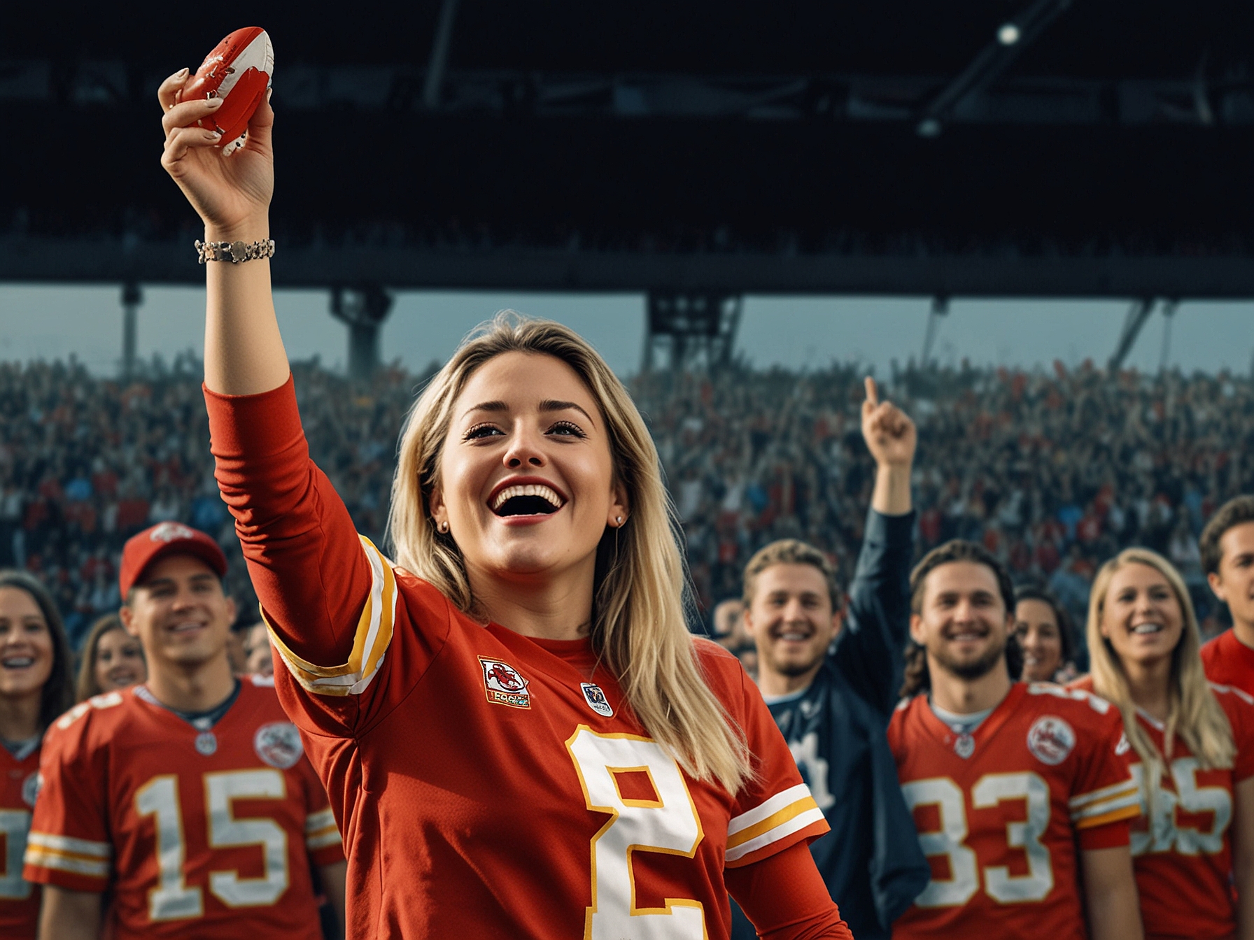 A collage of famous faces like Celine Dion, Samuel L. Jackson, and Michael Keaton, intertwined with the essence of football fandom, emphasizing the star-studded engagement around Sunday Night Football.