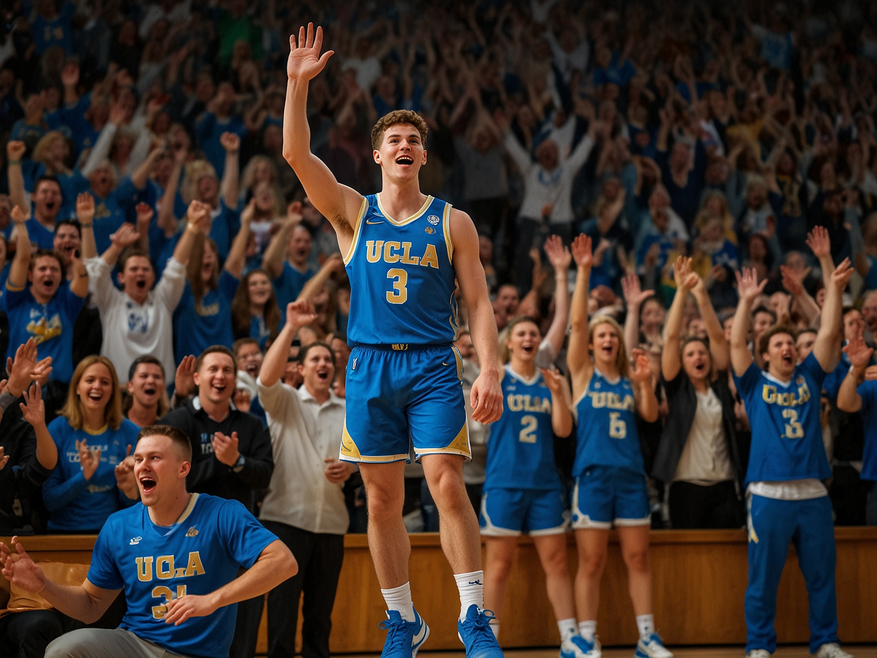 Dylan Andrews celebrates after making a last-second 3-pointer, lifting UCLA over Oregon in a packed arena filled with cheering fans.