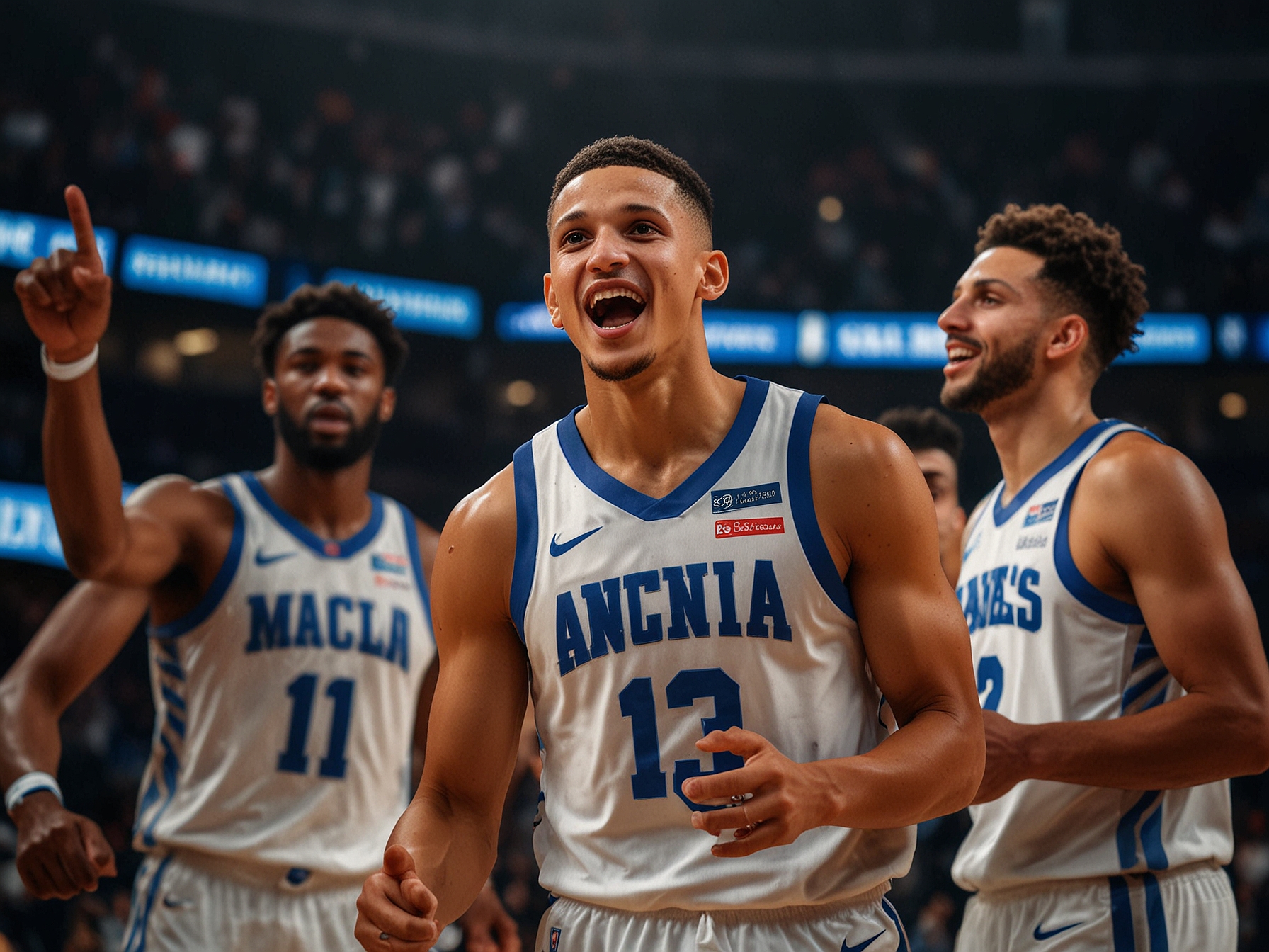 Jalen Suggs celebrating a crucial point during the fourth quarter, surrounded by teammates, highlighting the Magic's triumphant spirit and teamwork.