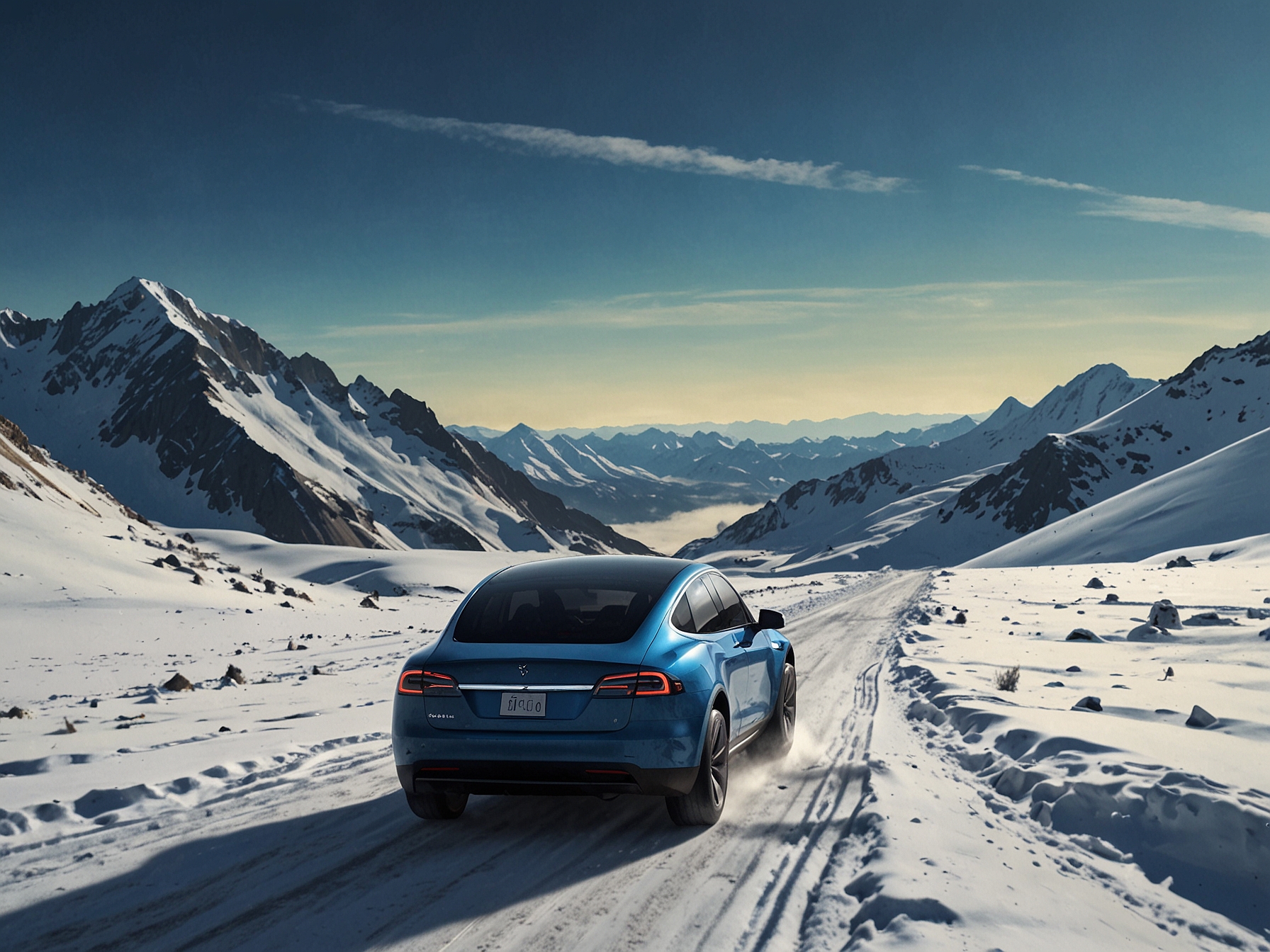 An adventurous person riding the Tesla CyberTrax on a snowy mountain slope, demonstrating its robust design and performance in extreme winter conditions. The snowy landscape and bright blue sky complement the ruggedness of the electric vehicle.