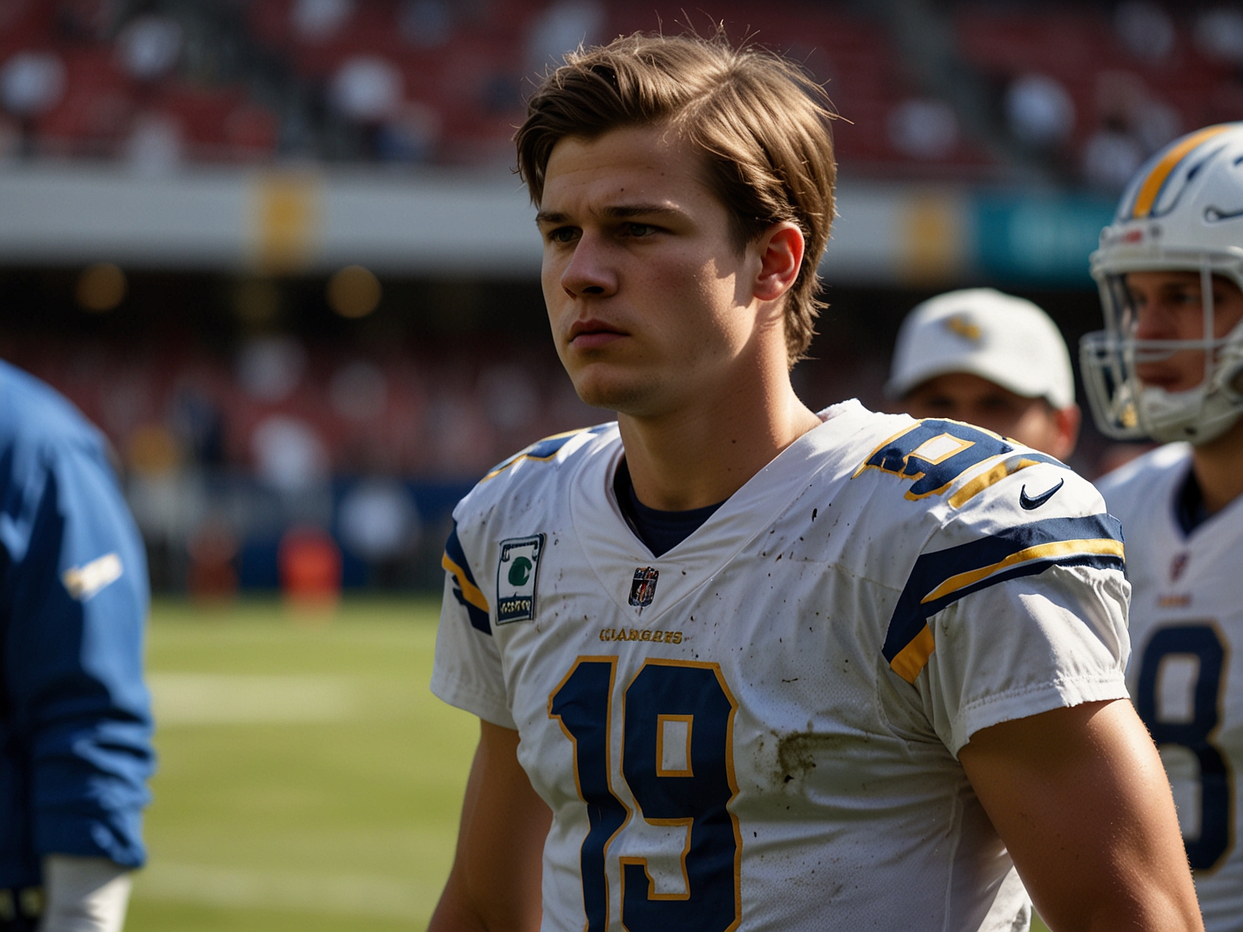 Justin Herbert on the field, wearing a Chargers jersey, looking concerned after being hit during a game against the Kansas City Chiefs, with medical staff nearby assessing his condition.