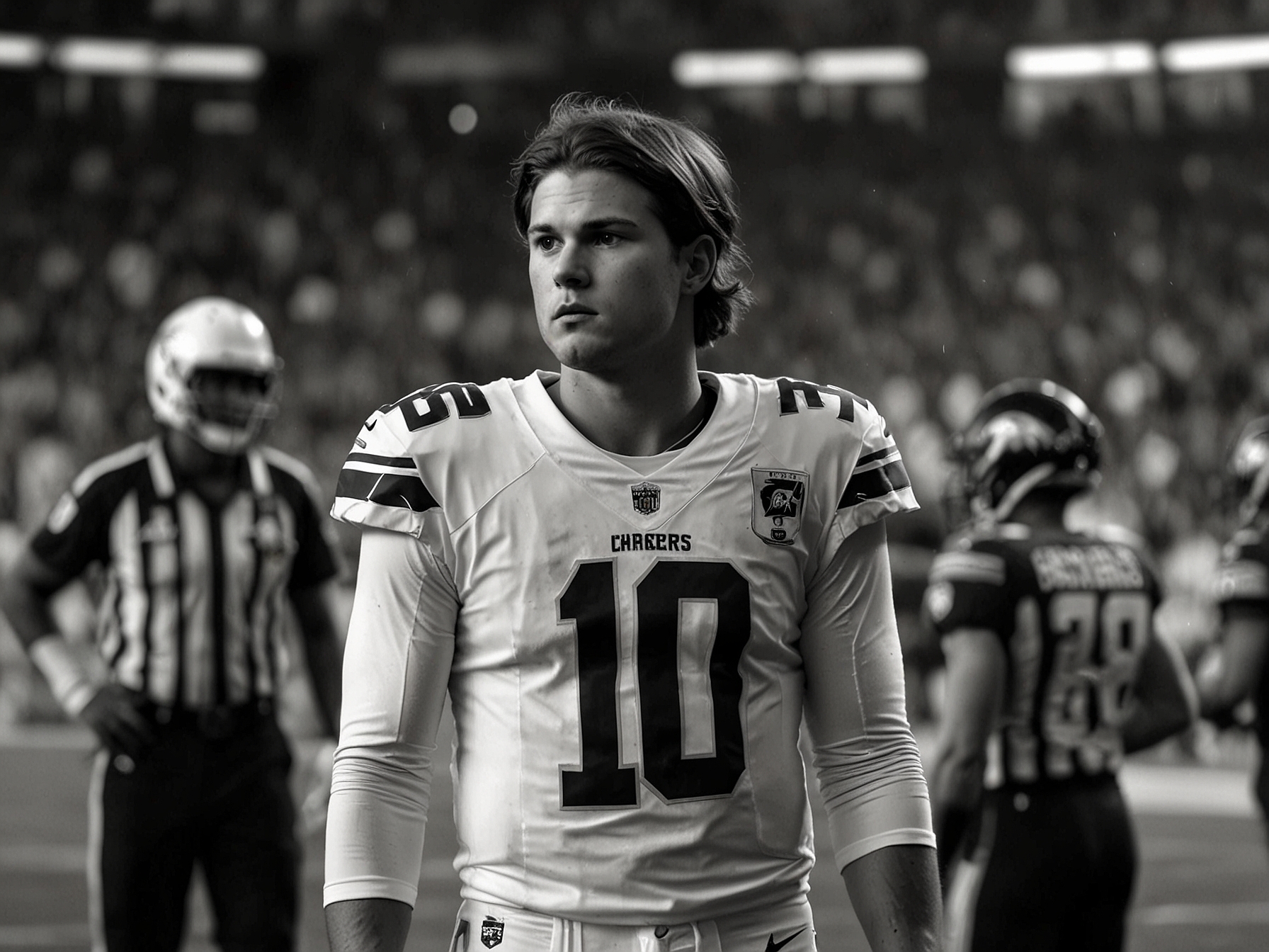 Backup quarterback Taylor Heinicke prepares to enter the game as Justin Herbert receives medical attention on the sidelines, highlighting the urgency of the situation for the Chargers.