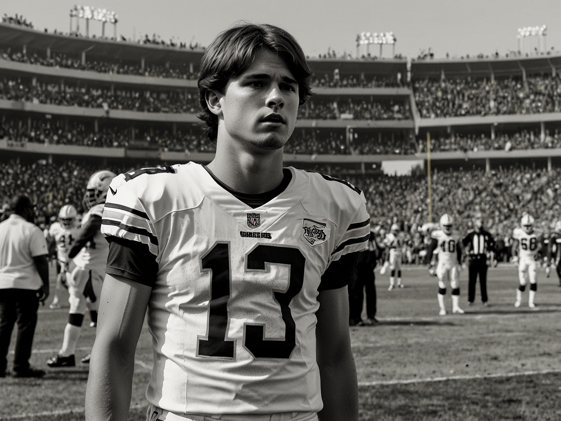 A close-up of Justin Herbert jogging along the sideline, interacting with the Chargers' athletic trainer after experiencing an injury, symbolizing resilience and determination.