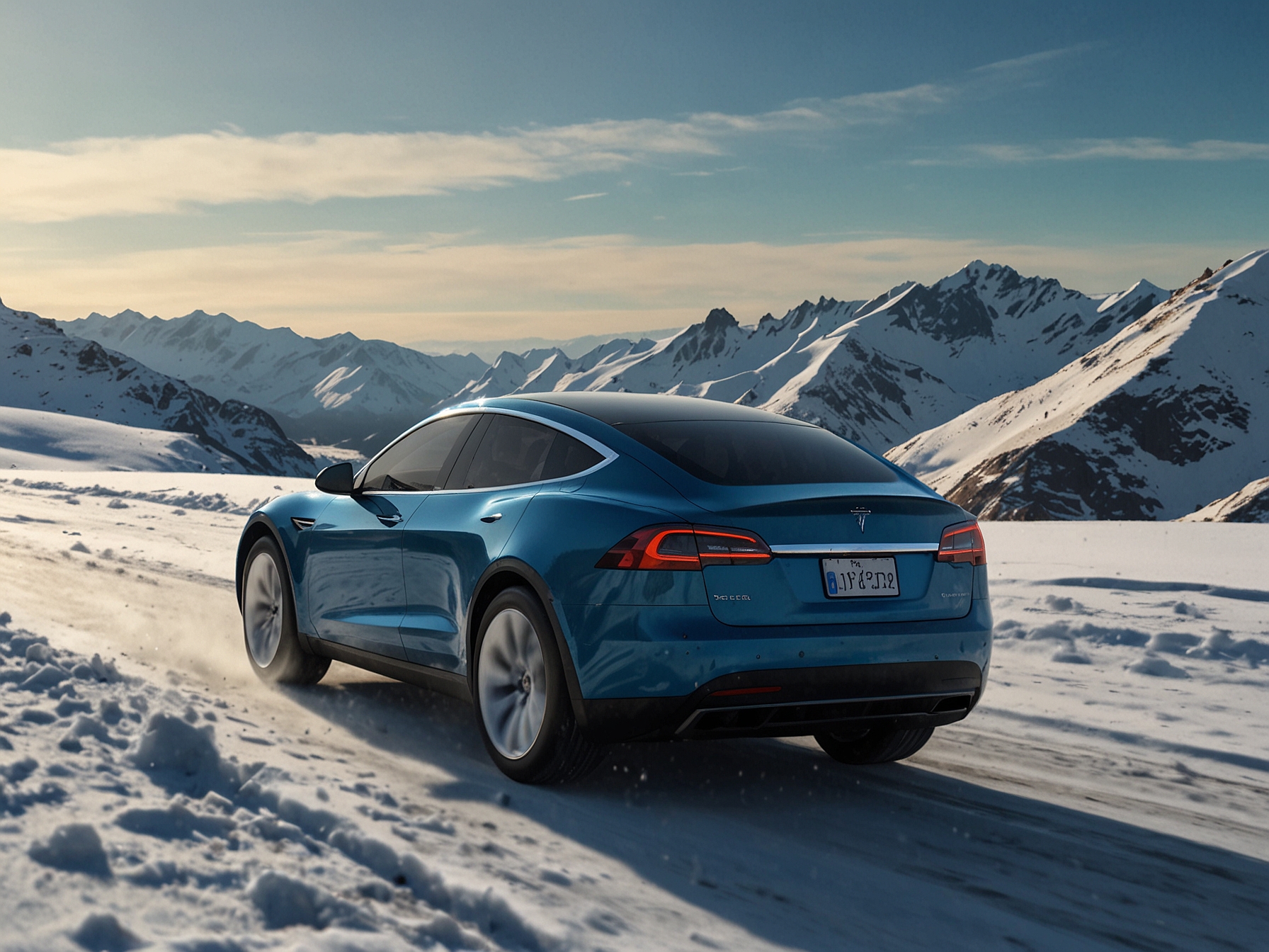 An aerial view of a group of electric CyberTrax vehicles parked in a snowy resort area, highlighting the vehicle's trendy design and its place in a new era of eco-conscious winter activities.