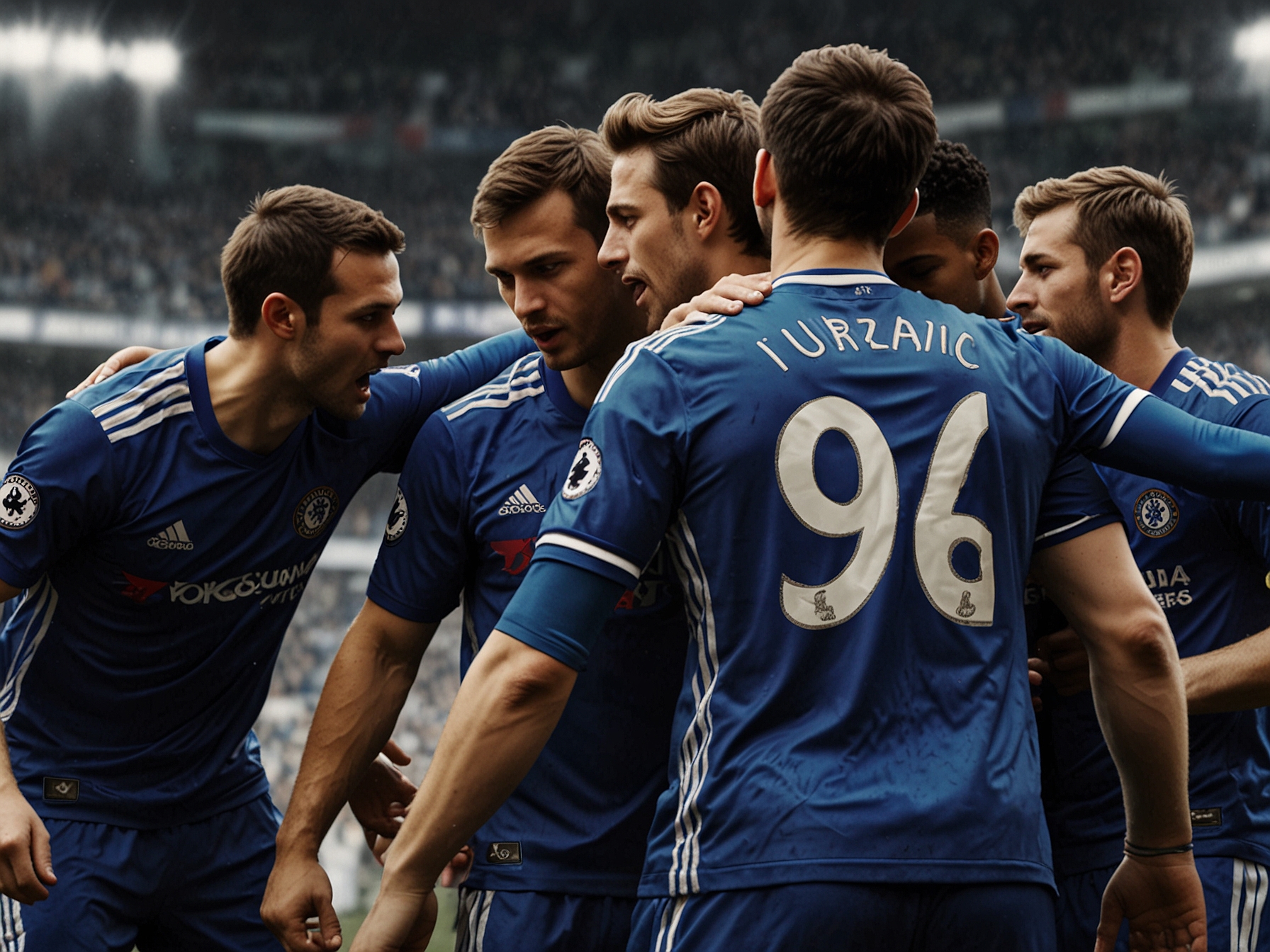 A dynamic football scene showing Chelsea players huddled together before the match against Tottenham, with a focus on their determined expressions and tactical discussions.