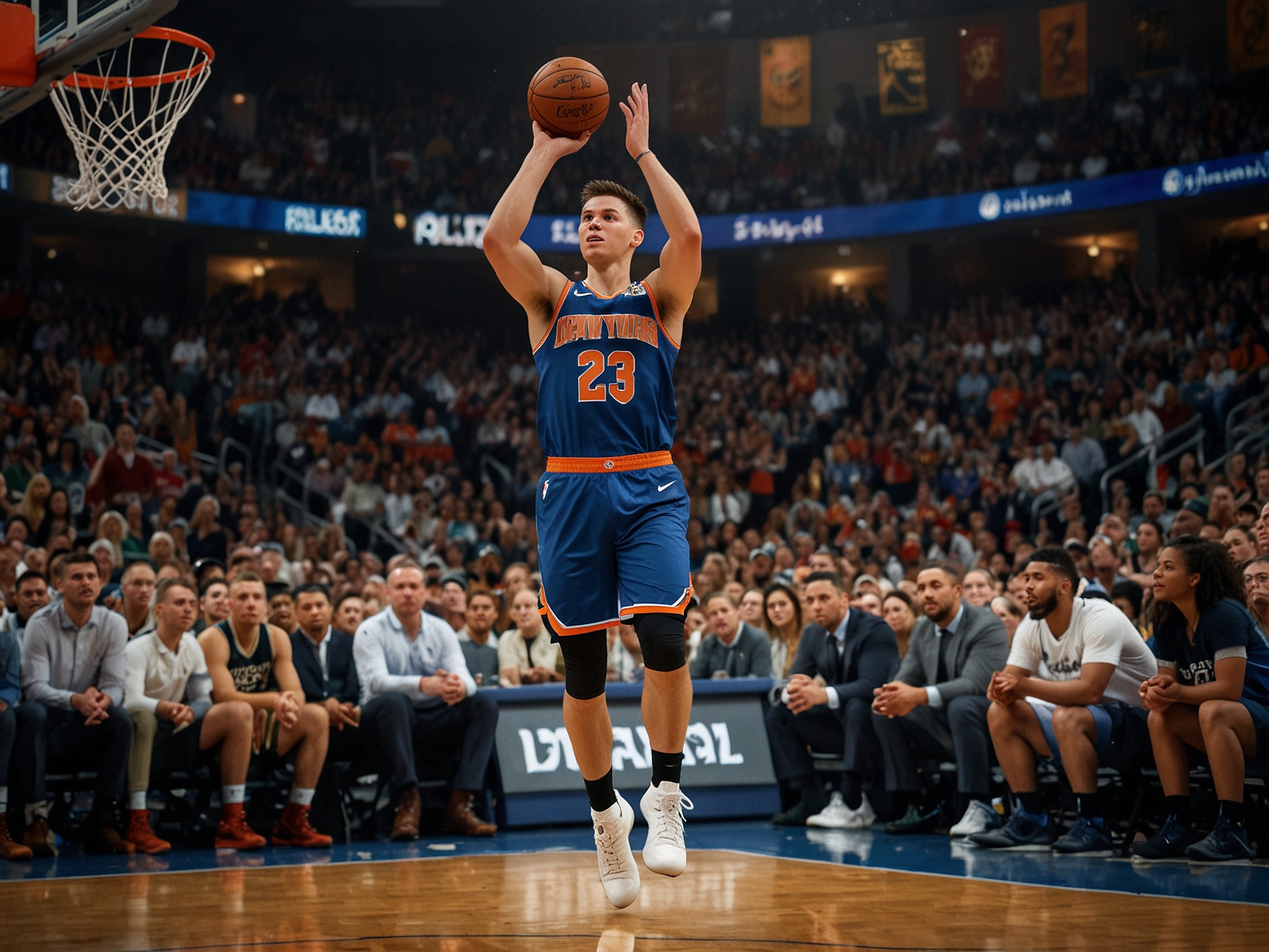 An action-packed scene from the game showing Tyler Herro making a jump shot over a Cavaliers defender, with fans cheering in the background.