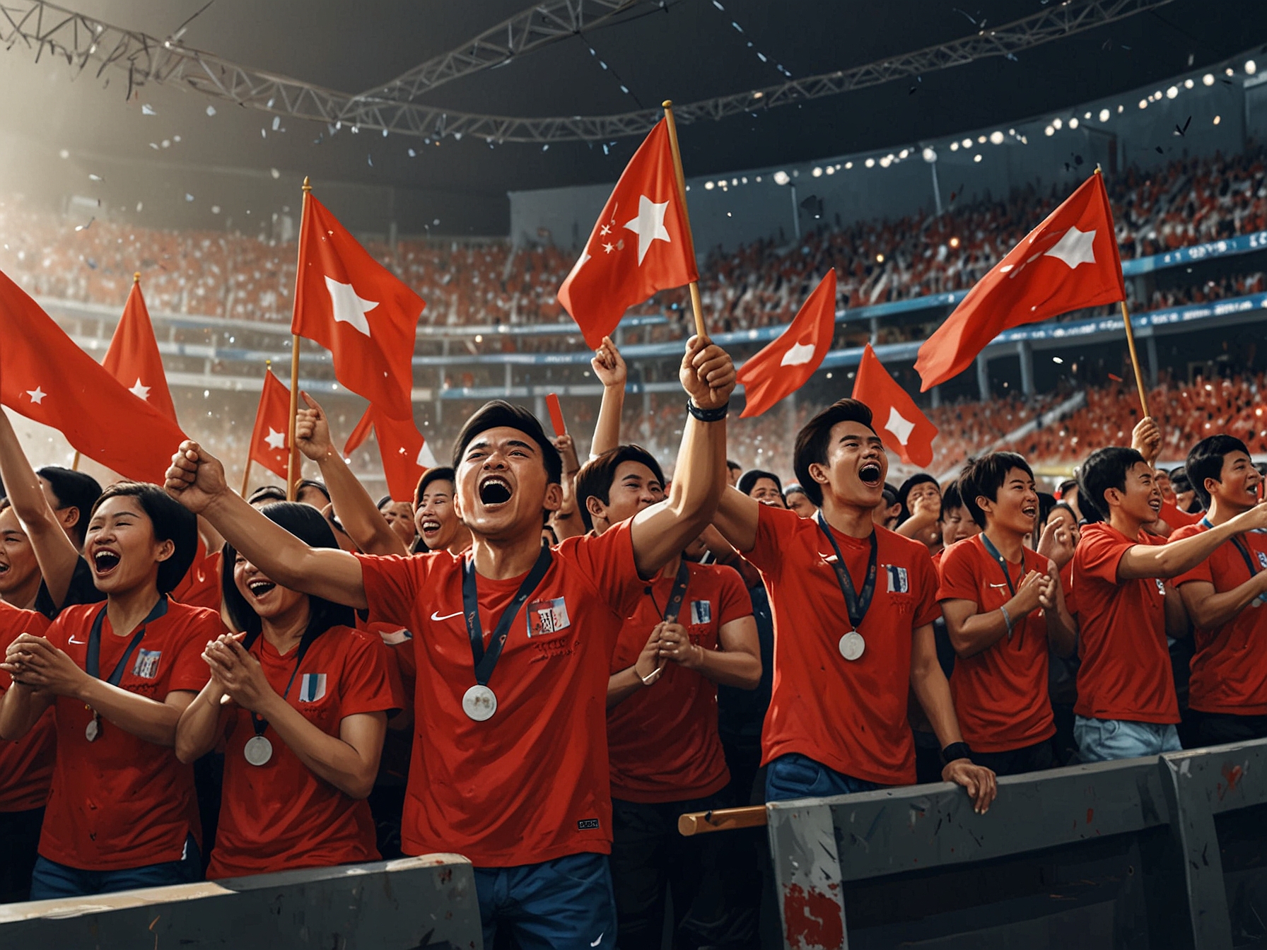 An electrifying scene at Hang Day Stadium, filled with enthusiastic fans wearing Thailand and Indonesia jerseys, cheering passionately during a football match, capturing the spirit and excitement of the AFF Cup.