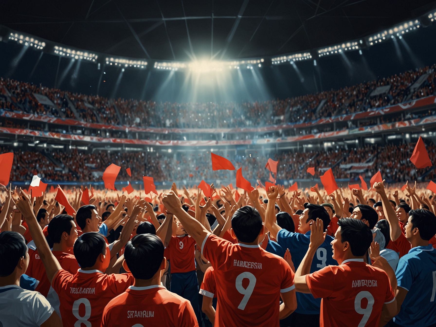 A close-up of the scoreboard displaying the final score of 10-0 in favor of Thailand, surrounded by fans waving flags and chanting in celebration, illustrating the significance of the victory.