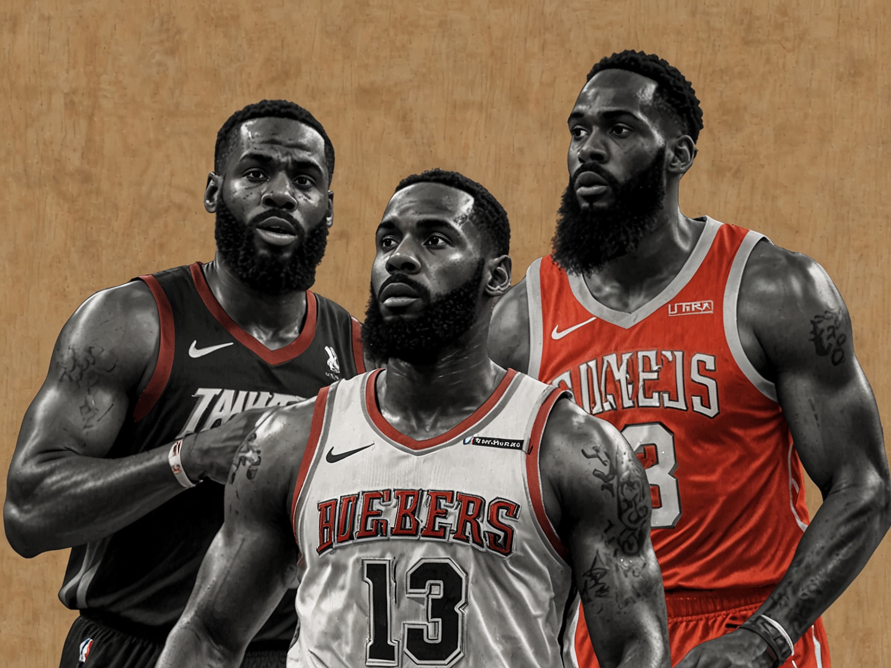 An illustration showing NBA stars LeBron James, James Harden, and Jonathan Kuminga in action, with injury updates highlighted around them, depicting the dynamics of the league during their absences.
