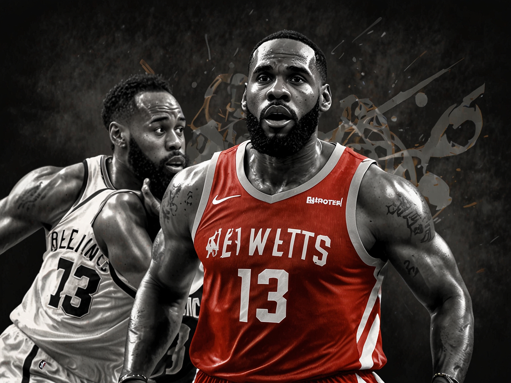 A side-by-side comparison image of LeBron James resting on the sidelines and James Harden with a pained expression, showcasing the impact of injuries on key players.