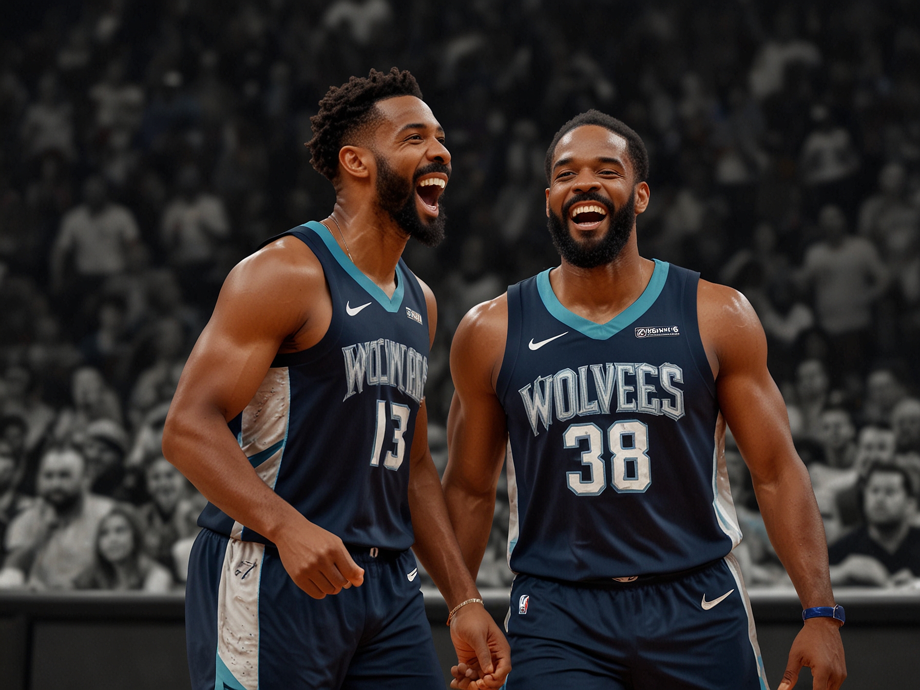 An excited Anthony Edwards celebrating a play with his teammate Mike Conley on the court, showcasing their camaraderie during a Timberwolves game against the Warriors.