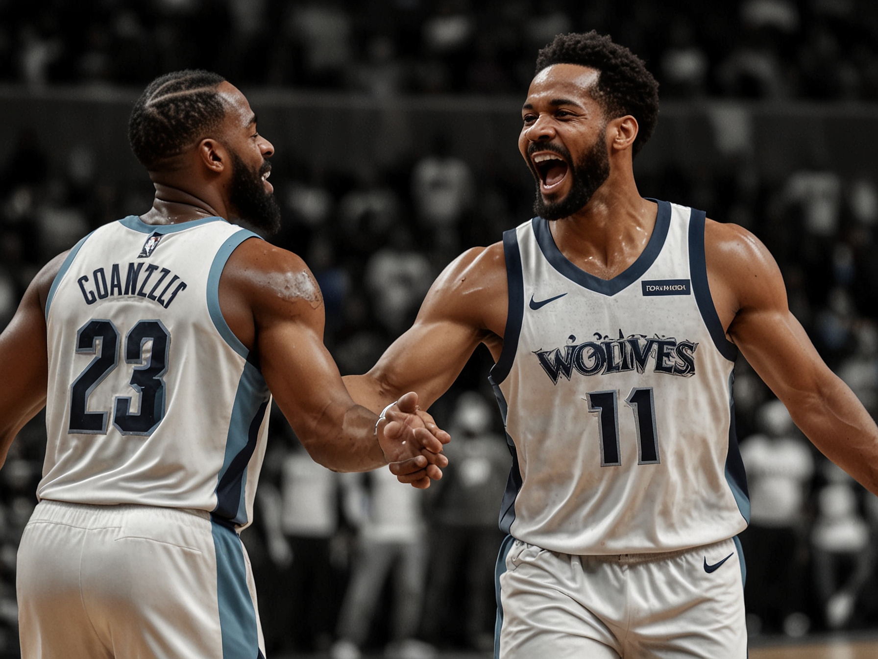 The Minnesota Timberwolves celebrating a successful play during their game, with fans cheering in the background, highlighting the electric atmosphere of the match.