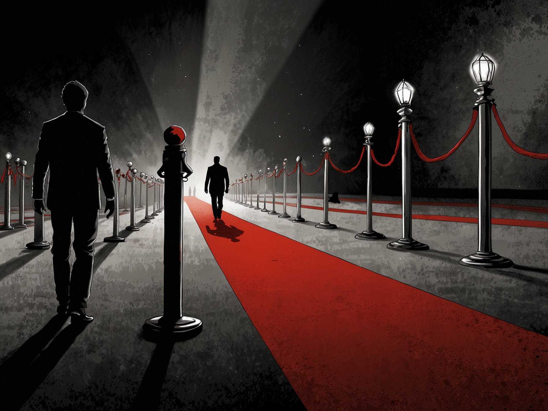 An illustration depicting a shadowy figure representing the complexities of celebrity accountability and the voices of victims seeking justice. The background shows a red carpet event, symbolizing the allure of fame juxtaposed with dark truths.