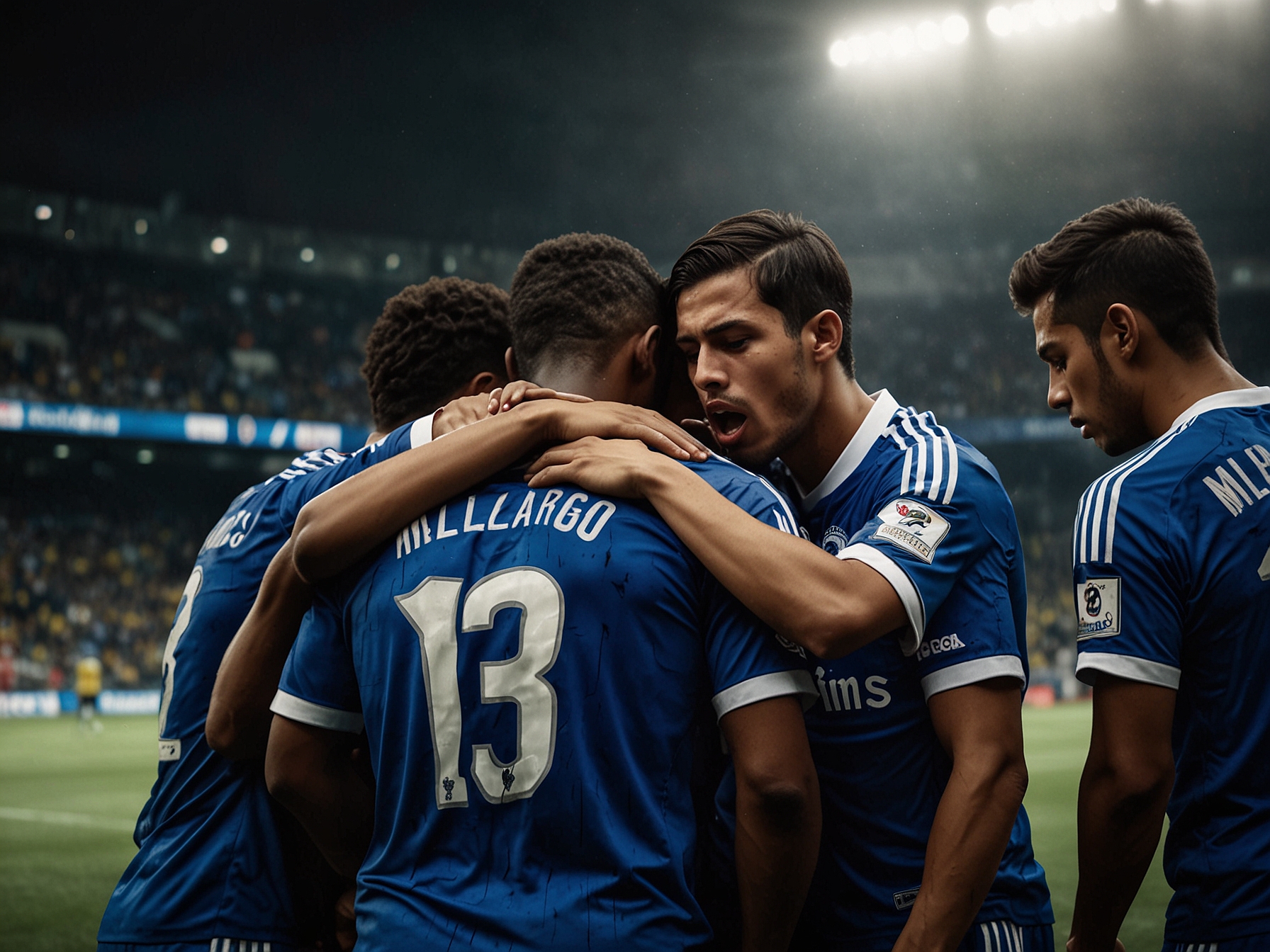 A dramatic scene from the pitch showing Millonarios players in a huddle, expressing emotions of disappointment after their heartbreaking elimination from the Liga Colombiana.
