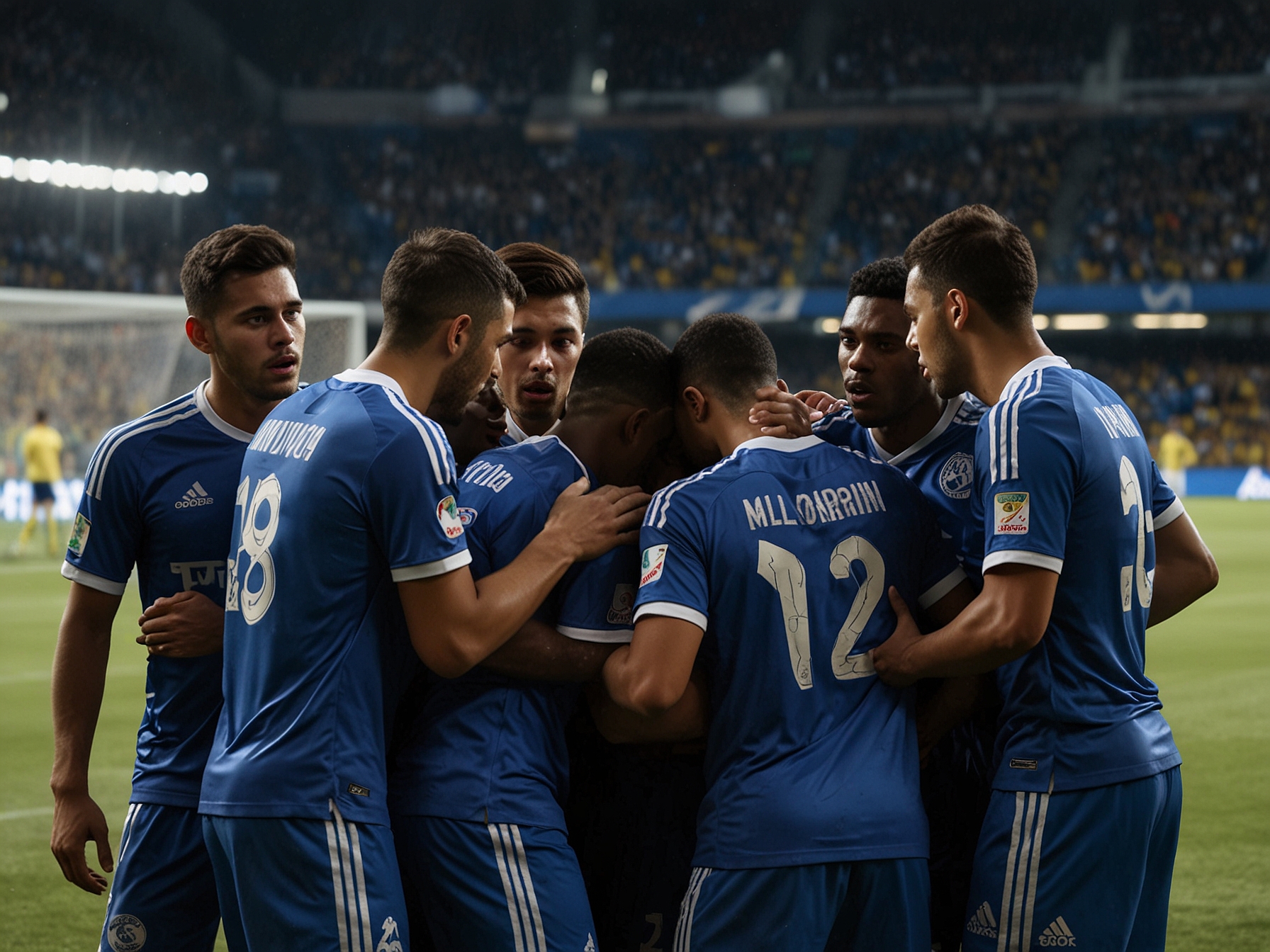Intense atmosphere in the stadium with Millonarios' fans holding banners and flags, showcasing their unwavering support despite the team's loss.