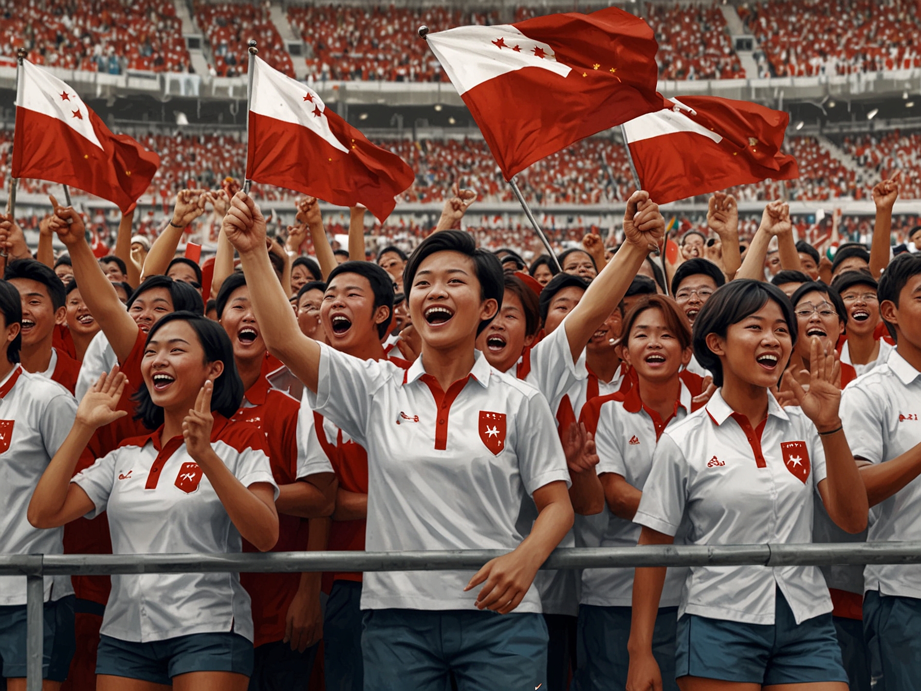 A vibrant scene at Thuwunna Stadium filled with enthusiastic fans waving Indonesian flags and cheering as the young national team prepares for the match against Myanmar.