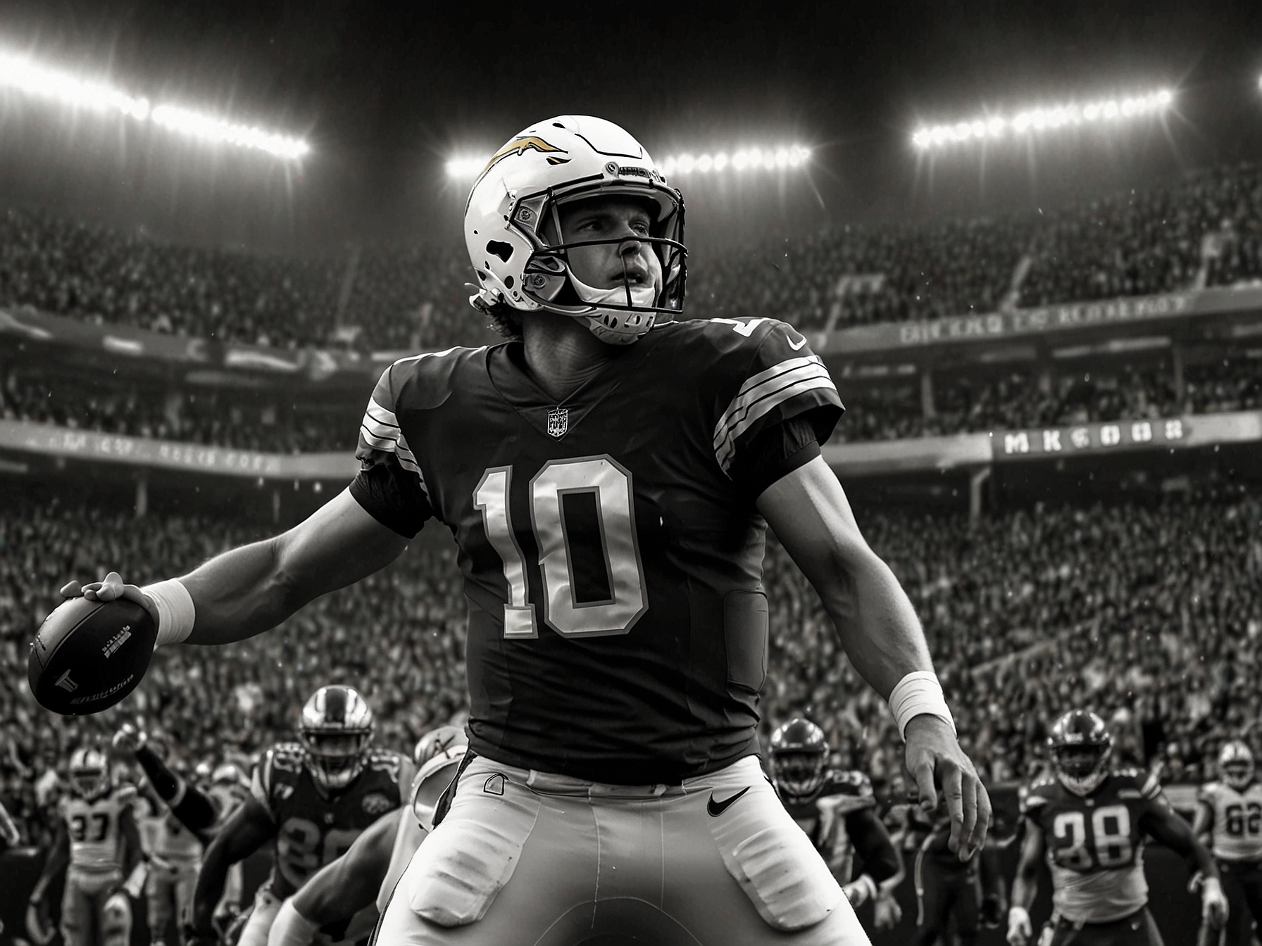 An intense moment from the NFL game featuring the Chargers and Chiefs, showcasing Justin Herbert throwing a pass under pressure from Kansas City's defense, filled with excitement and determination.
