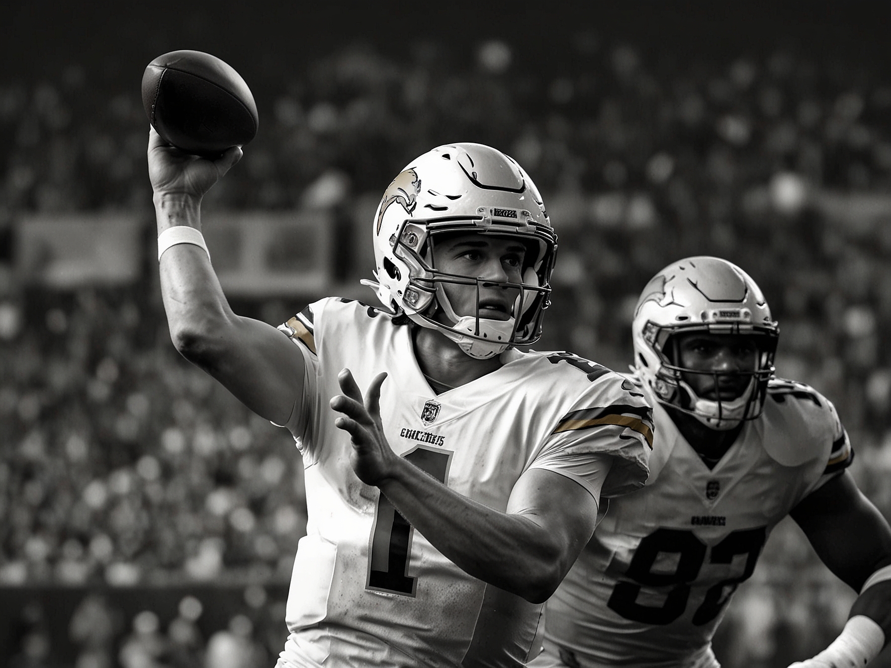 A split-screen image of Patrick Mahomes and Justin Herbert, the star quarterbacks of the Chiefs and Chargers, respectively, highlighting their competitive rivalry.