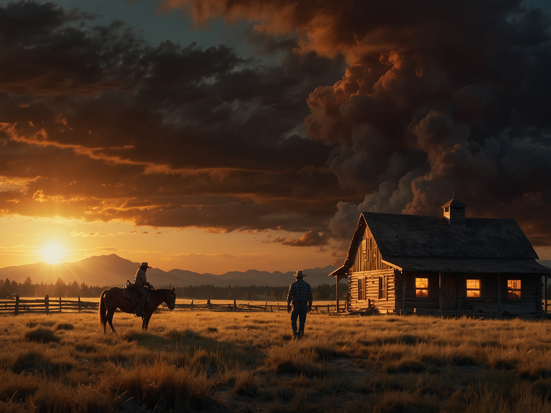 An intense moment from 'Yellowstone' featuring Beth standing defiantly in front of the ranch house, her fierce determination evident as she prepares to navigate the complicated loyalties and treacheries within her family.