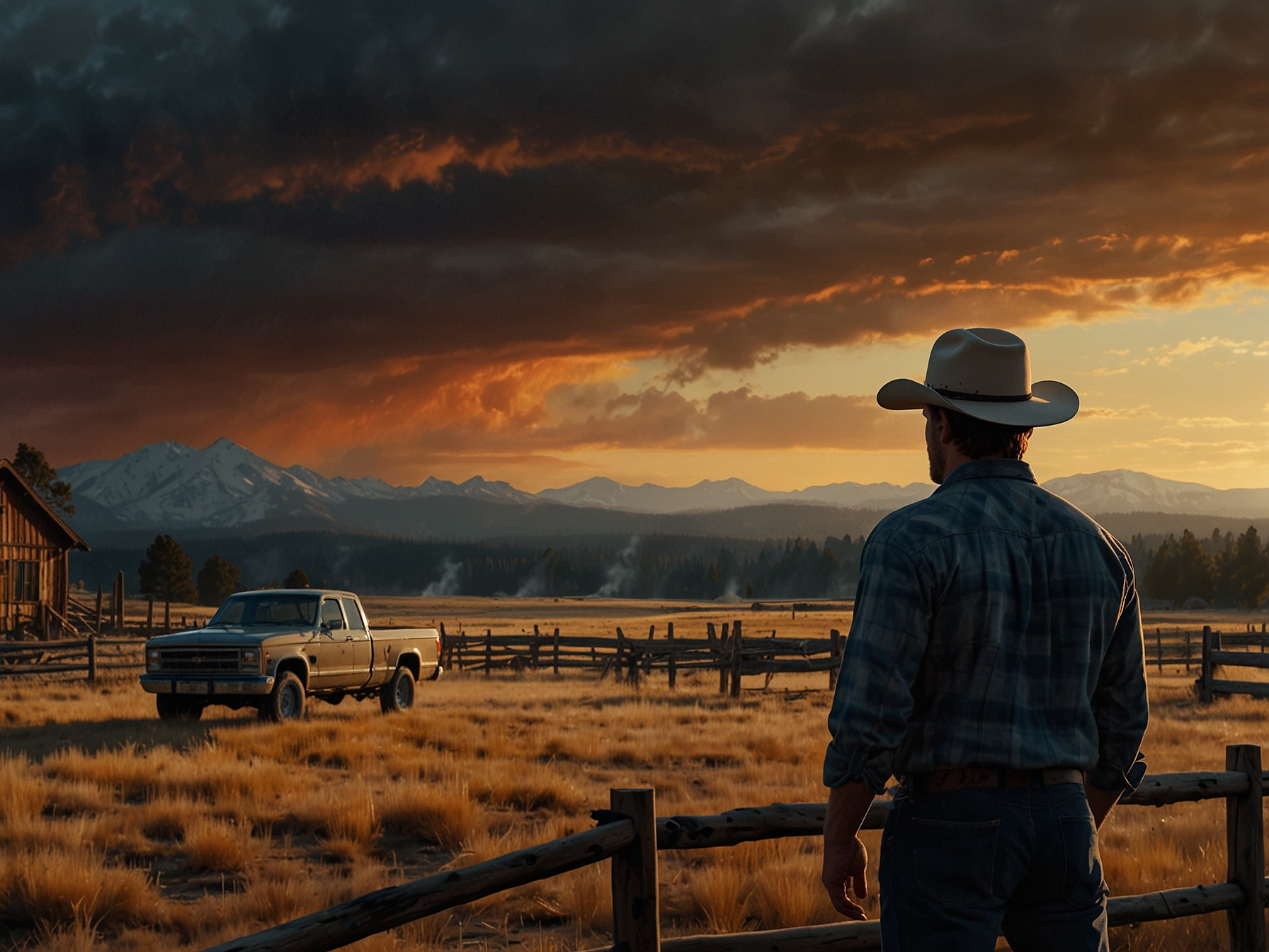 A close-up of a tense face-off between Kayce and an unknown rival during a dramatic encounter, highlighting the series’ theme of conflict and the moral dilemmas faced by the characters in their fight for family and survival.
