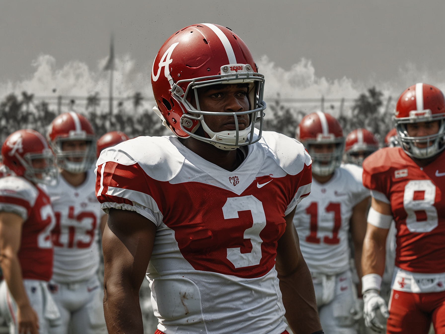 An Alabama football player, clad in red and white gear, stands on the field looking determined, surrounded by teammates preparing for the ReliaQuest Bowl, embodying team spirit and commitment.