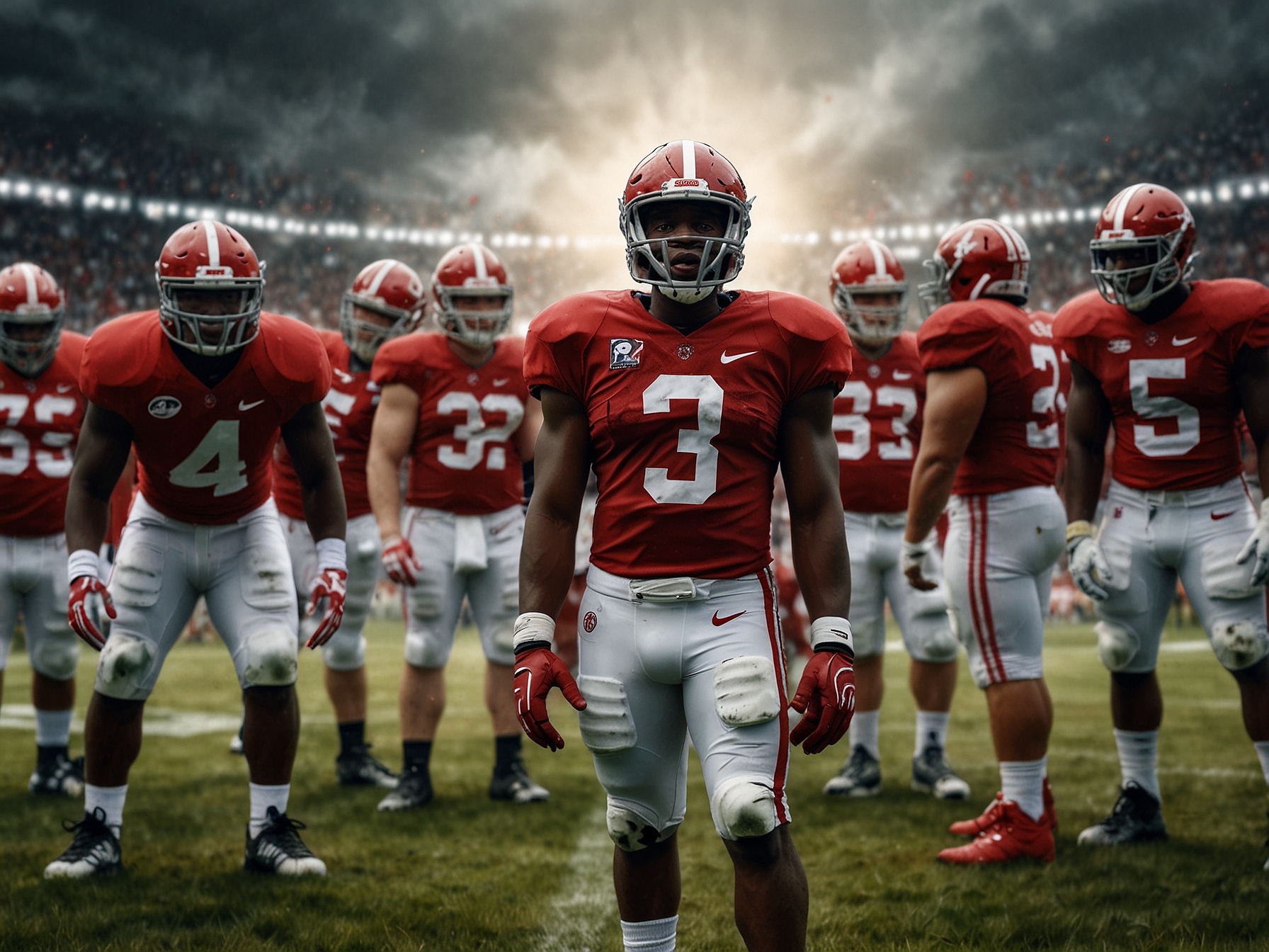 A panoramic view of a stadium filled with cheering Alabama fans, capturing the excitement and anticipation as the team approaches the game, highlighting the strong bond between the players and their supporters.