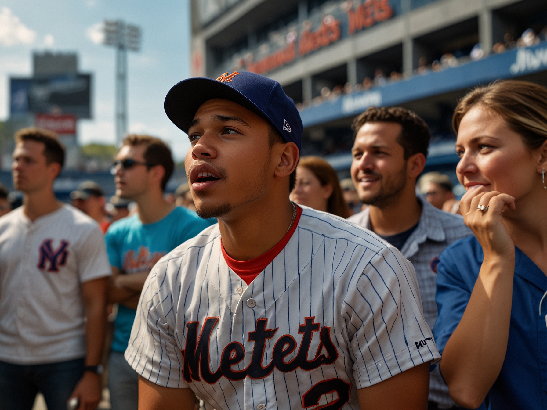 A close-up of Juan Soto in a Mets jersey on the field, symbolizing his new beginning and the shifting loyalties in MLB with iconic team colors in the background.