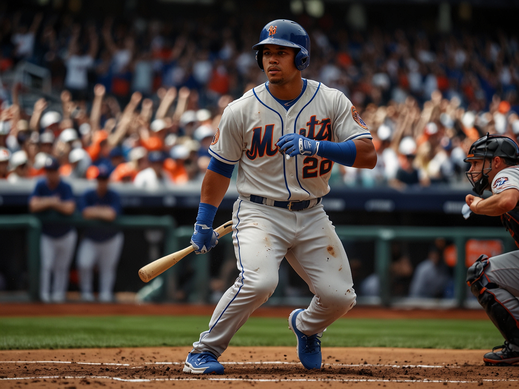 An intense moment capturing Juan Soto in his Mets uniform, showcasing his determination and skill as he steps up to the plate, surrounded by a cheering crowd at Shea Stadium.