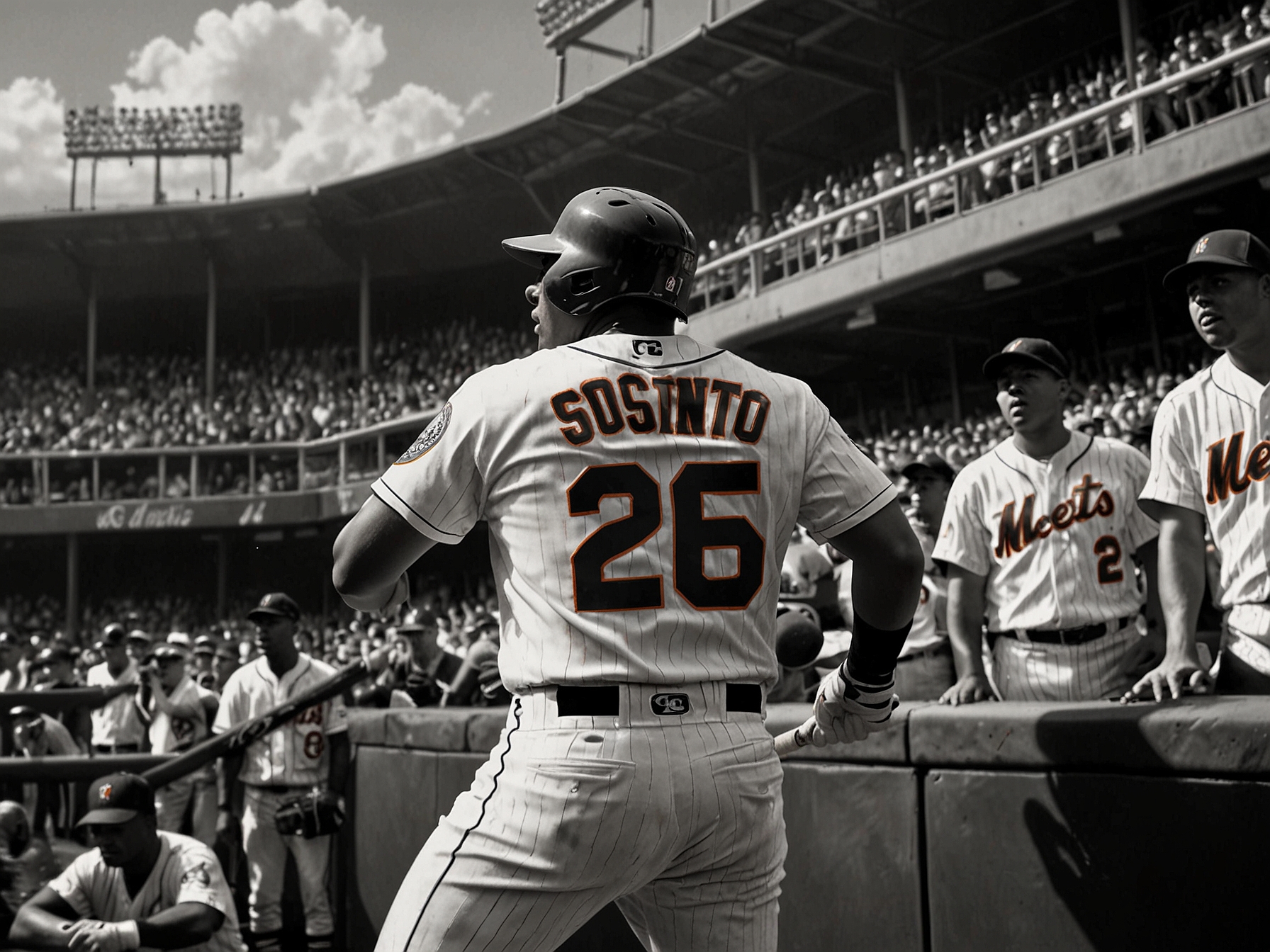 A vibrant infographic depicting Juan Soto's impressive career statistics alongside his record-breaking contract figures, emphasizing the significance of his deal in baseball history.
