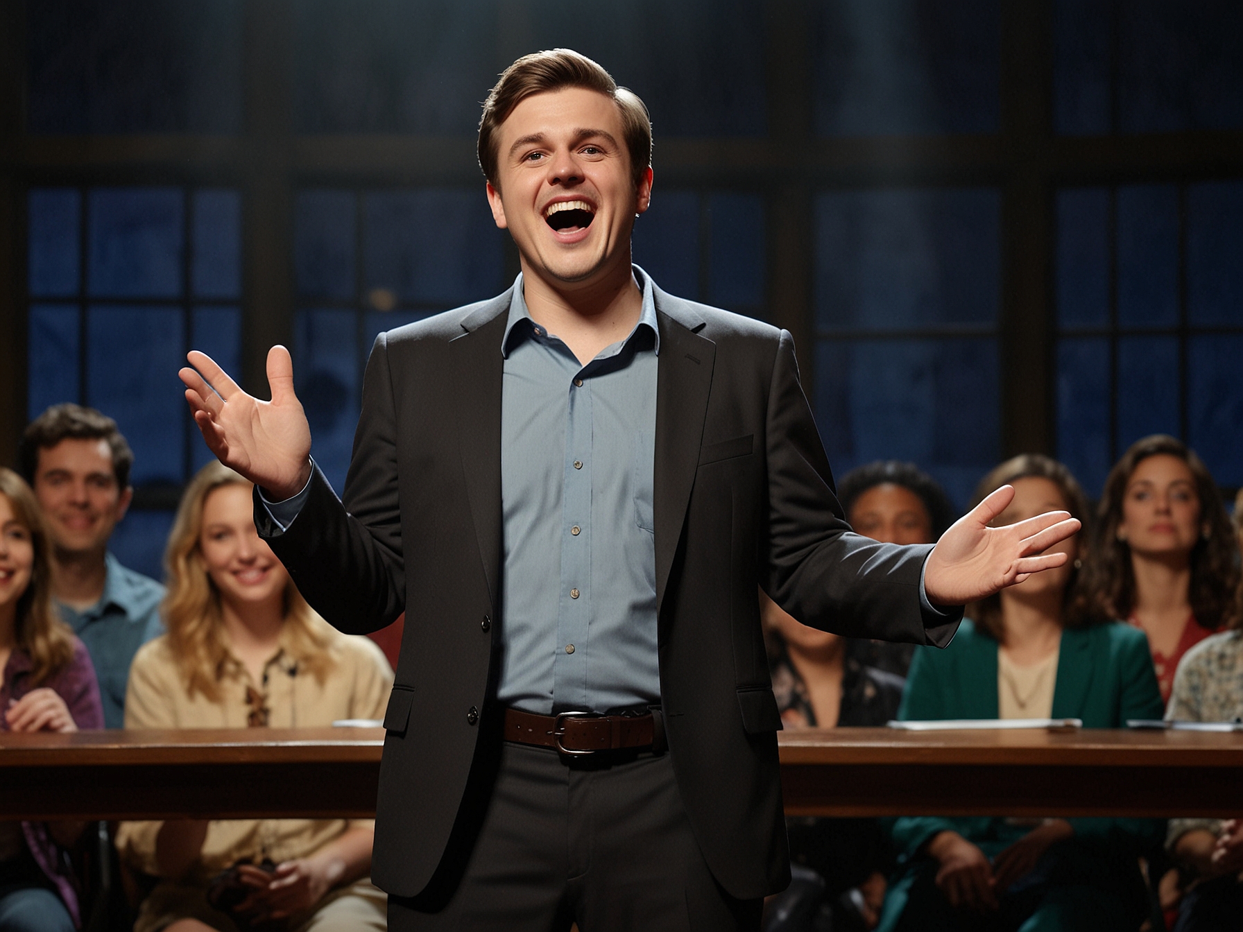 Paul Mescal performing on stage during his SNL debut, exuding excitement and energy while engaging the audience with his comedic sketches and impressions.