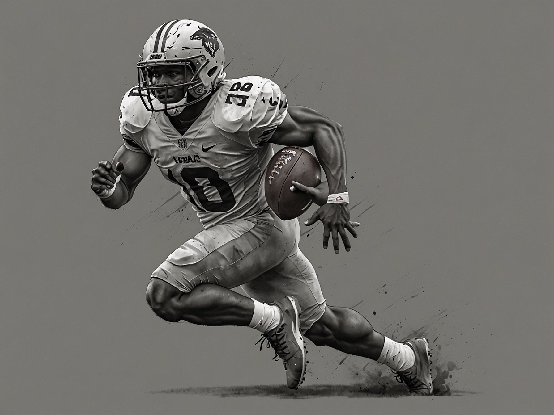 Isaac Guerendo running with the football during a game, showcasing his speed and agility despite wearing a supportive brace on his injured foot.