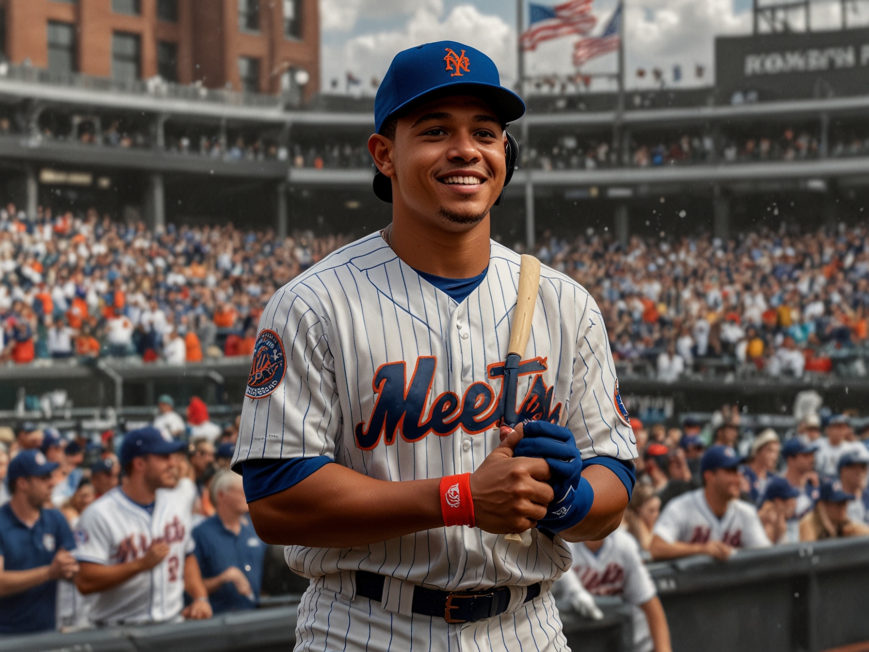 A dynamic graphic featuring Juan Soto in Mets gear, celebrating his contract signing with the team, with a backdrop of Citi Field packed with excited fans.