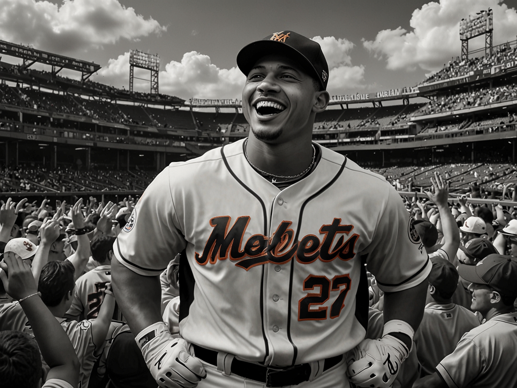 An action shot of Juan Soto hitting a home run, showcasing his batting skills, with the Mets logo prominently displayed.