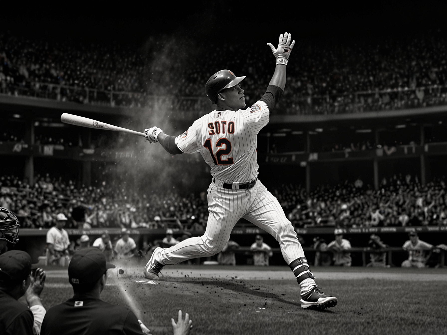 A split-image comparison of Soto and Aaron Judge, indicating the rivalry and effects of Soto's move to the Mets on the Yankees' lineup.