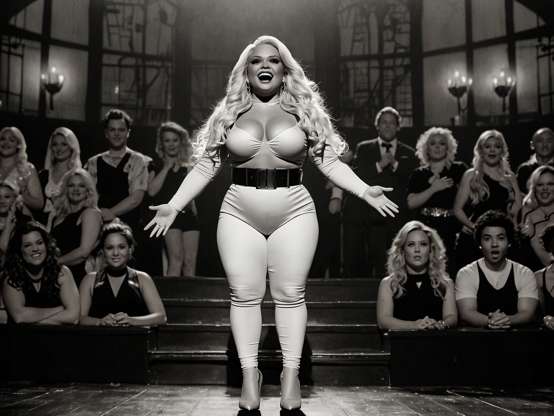 An enthusiastic crowd cheering for Trisha Paytas after her SNL performance, symbolizing the support from her fans and the celebration of her unexpected rise in entertainment.