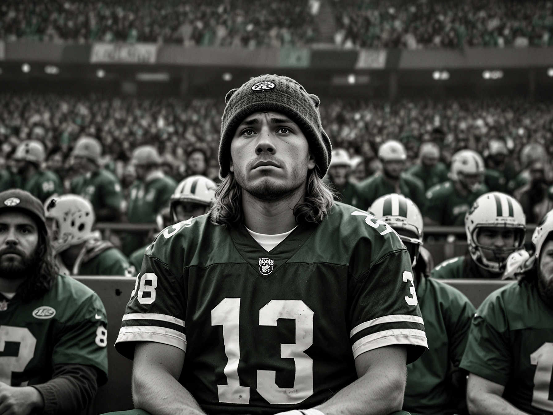 A dejected New York Jets fan wearing team colors stands in the stands, holding a sign reflecting the team's long playoff drought, expressing frustration and disappointment amidst a sea of other unsupportive fans.