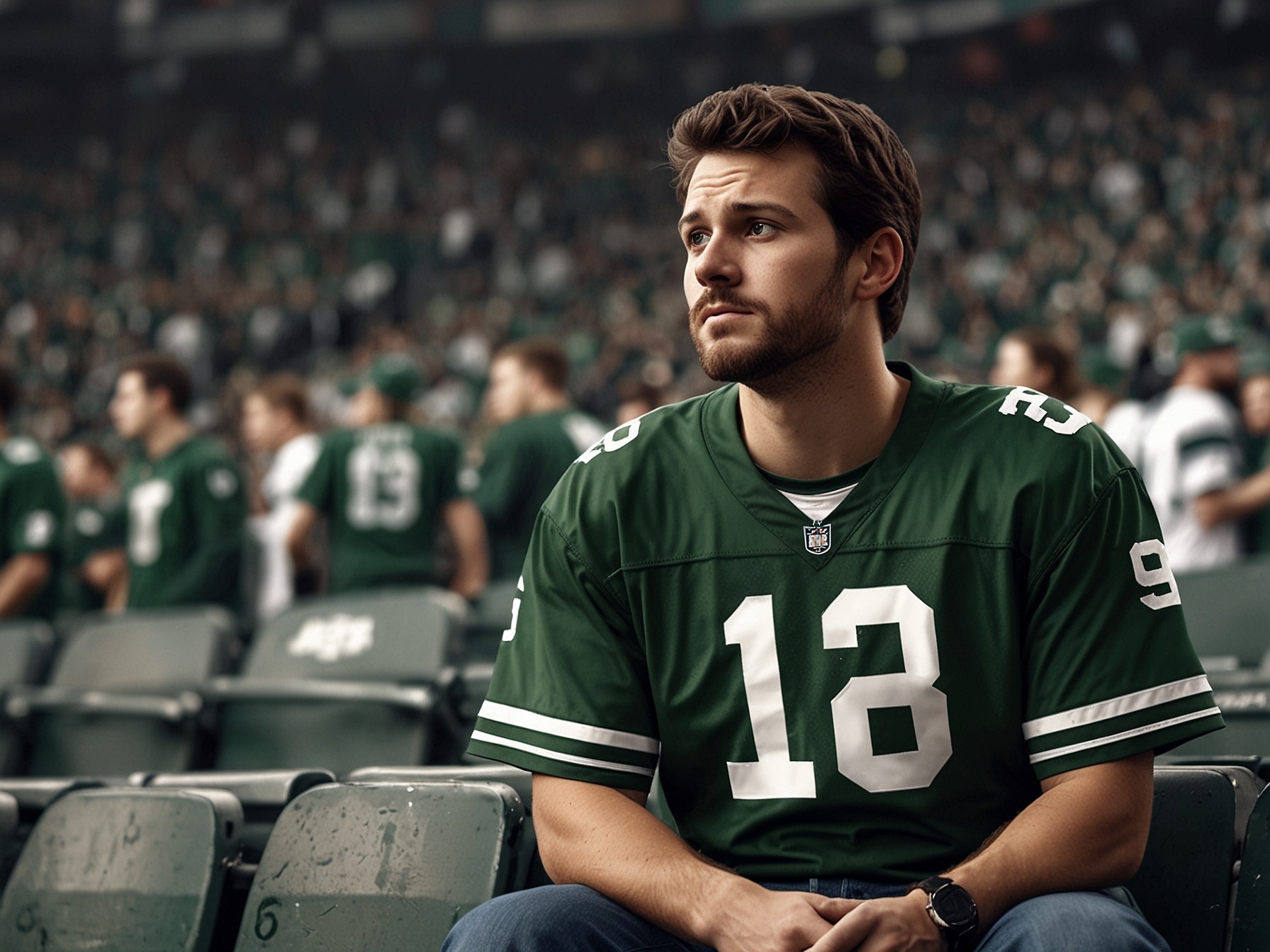 A close-up of quarterback Aaron Rodgers looking distressed after a loss, with the scoreboard visible in the background, highlighting the pain of missed opportunities for the Jets this season.