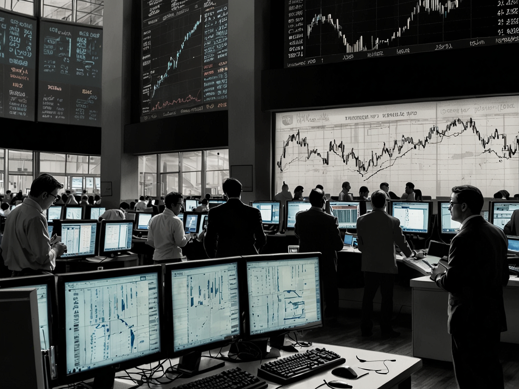 A stock market trading floor bustling with activity, displaying real-time stock prices and investors analyzing charts, symbolizing NHPC's trading gains and market response.