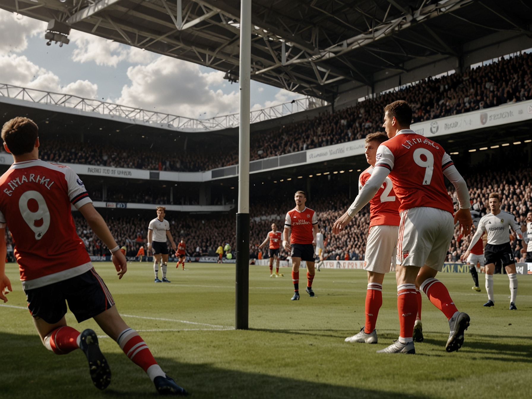 An intense moment during the match between Arsenal and Fulham at Craven Cottage, with players clashing for the ball as fans look on anxiously.