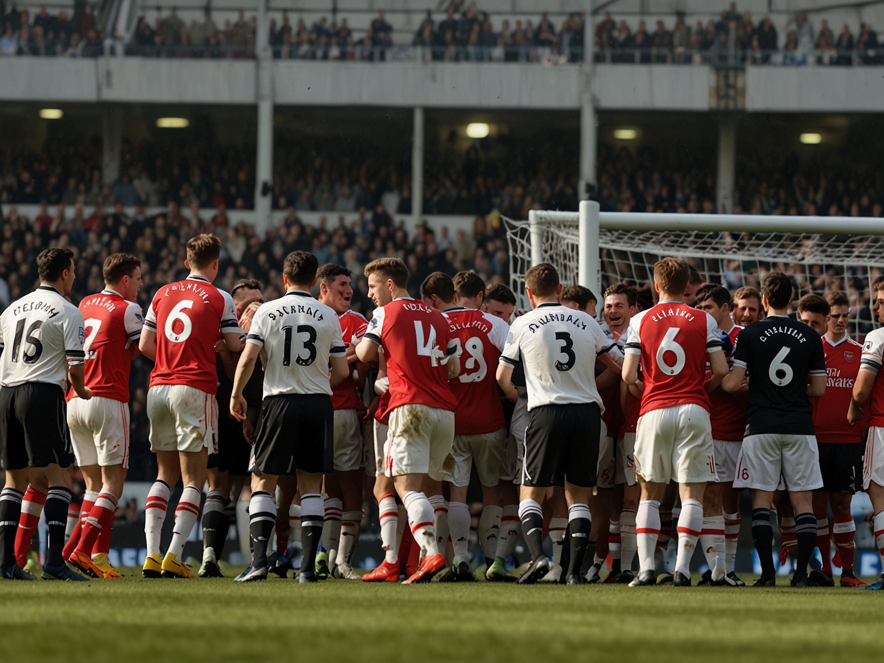 William Saliba celebrating after scoring Arsenal's equalizer against Fulham, with teammates rallying around him in a moment of hope.