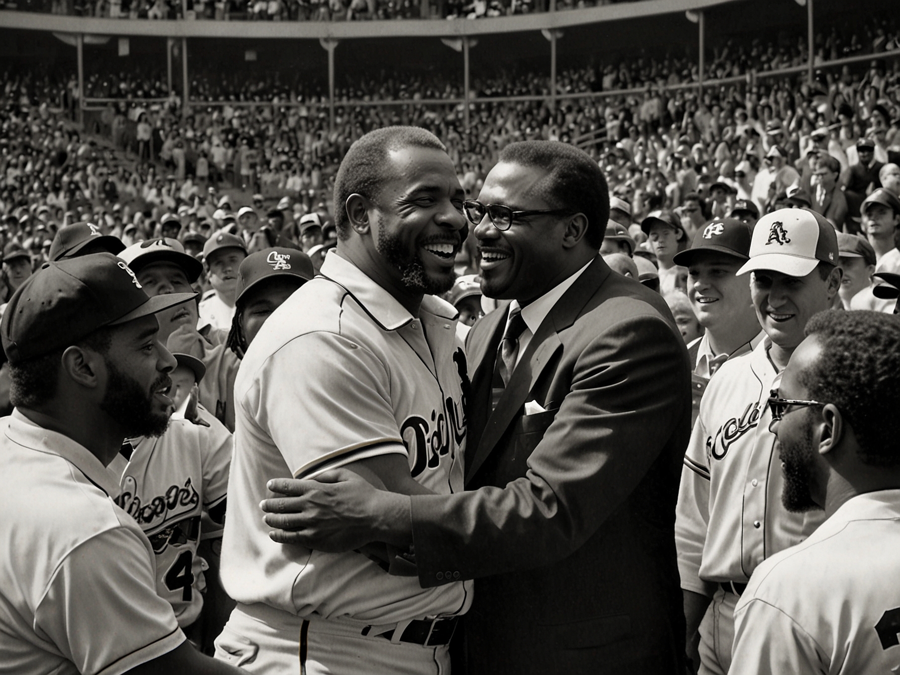 An emotional moment capturing Dave Parker and a representative of Dick Allen during their Hall of Fame induction ceremony, surrounded by fans celebrating their achievements.