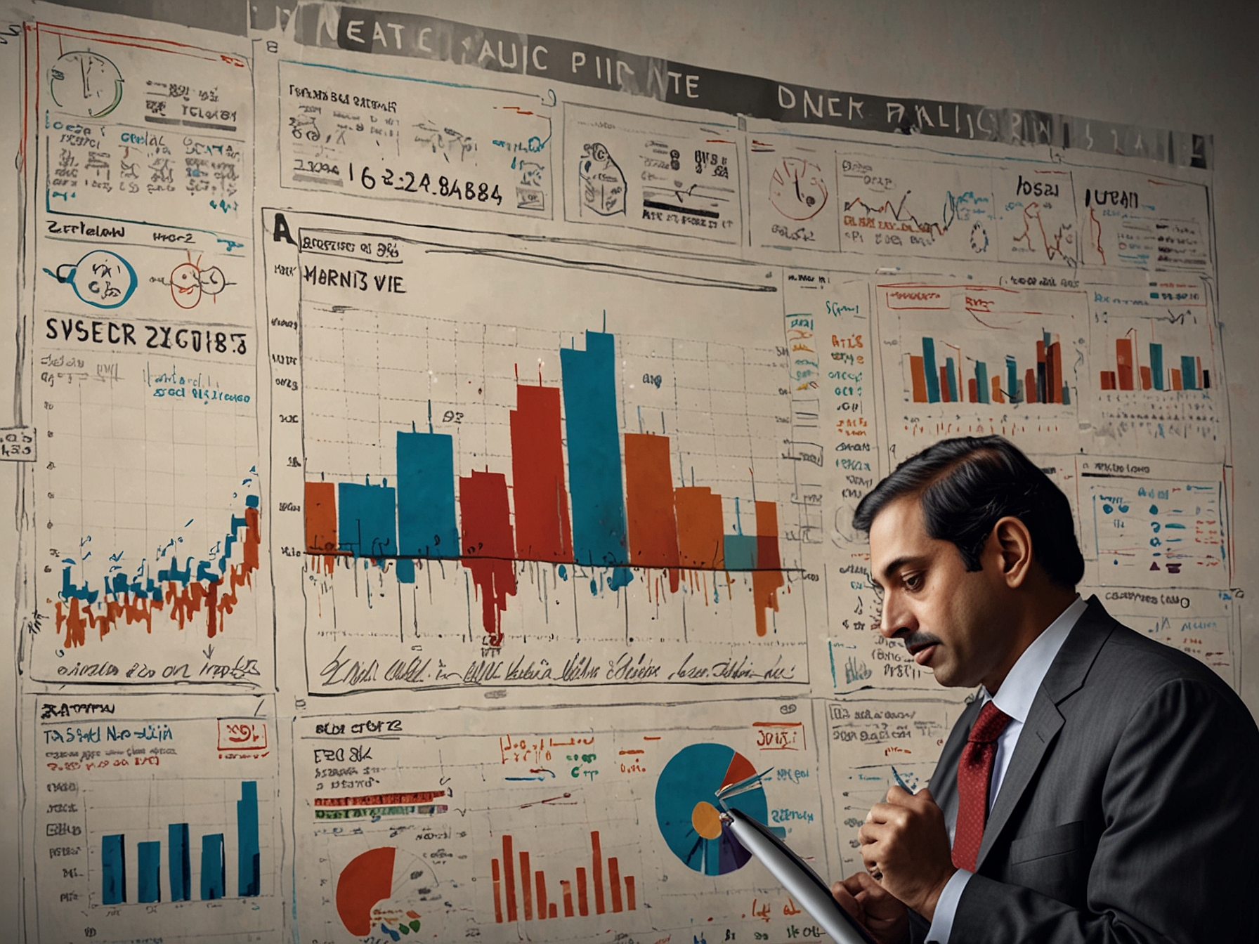 A financial analyst analyzing stock data on a computer, surrounded by charts and graphs, highlighting the volatility of Godrej's stock and the FMCG sector.