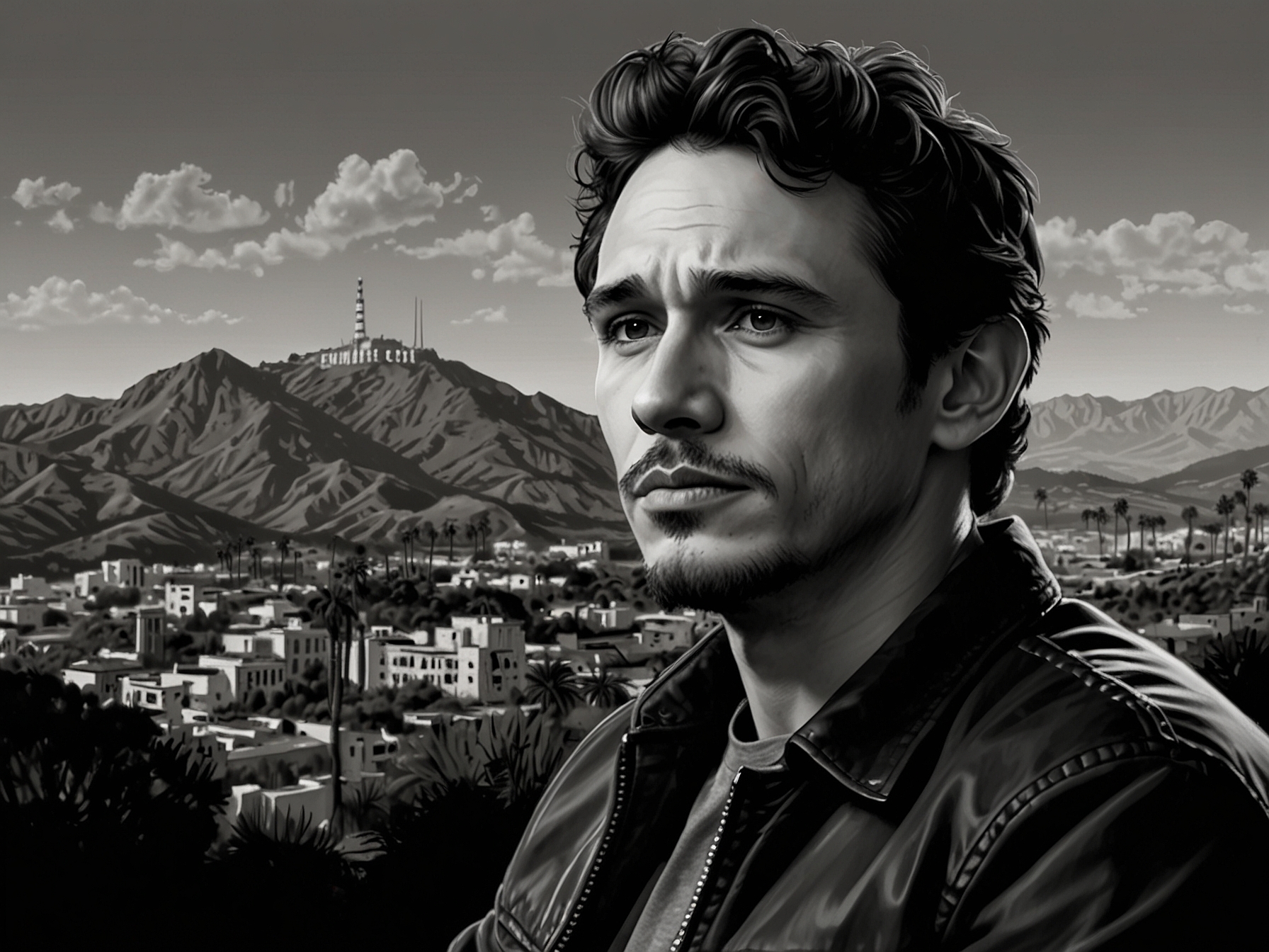 A film set scene from 'Hey Joe,' capturing Franco in a moment of deep concentration, representing his return to acting and passion for storytelling.